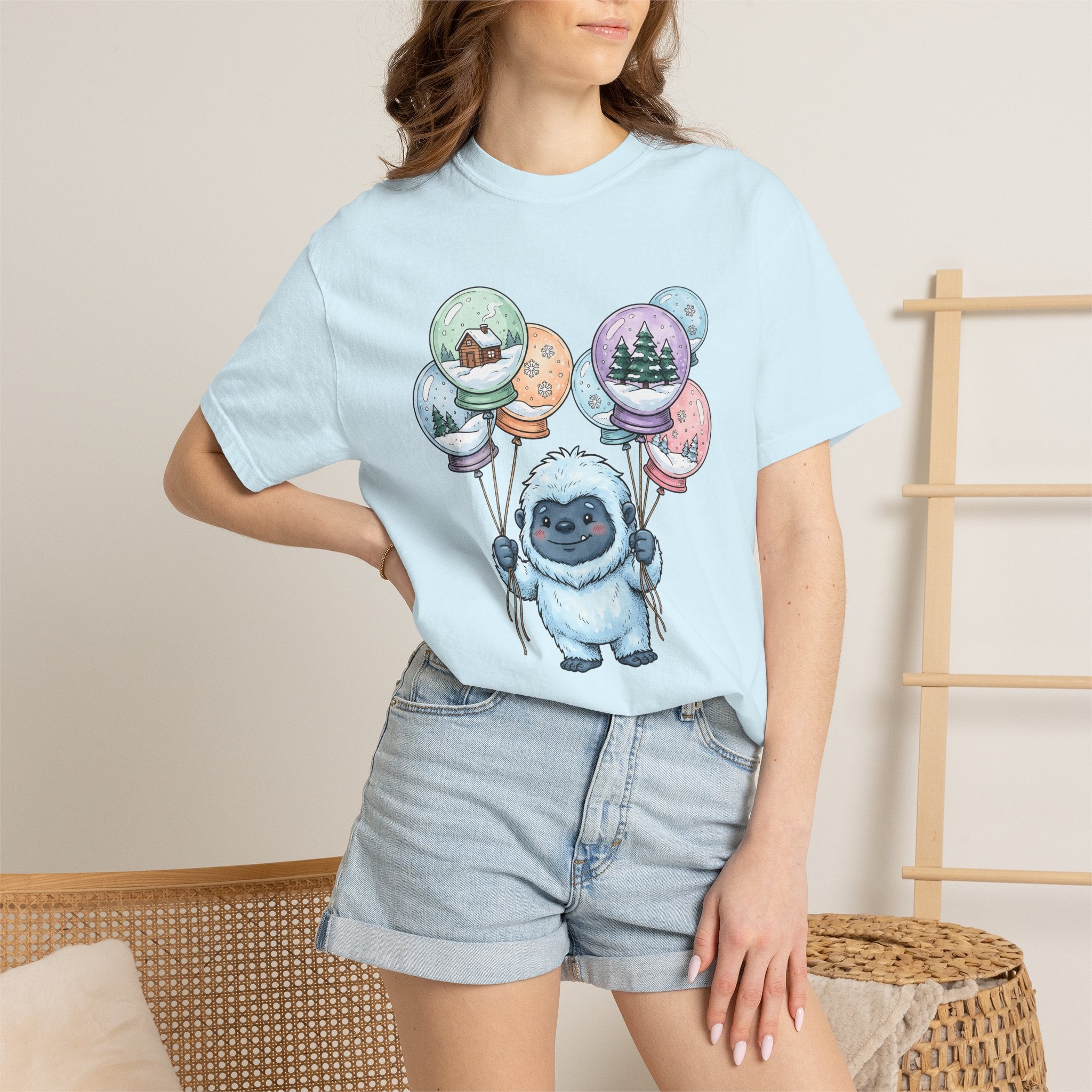Bigfoot Snow Globe Shirt Cute Cold Gift Women Illustrated Tee Sasquatch T-Shirt Adorable Fan Illustrated Tshirt Frosty Graphic Line Art