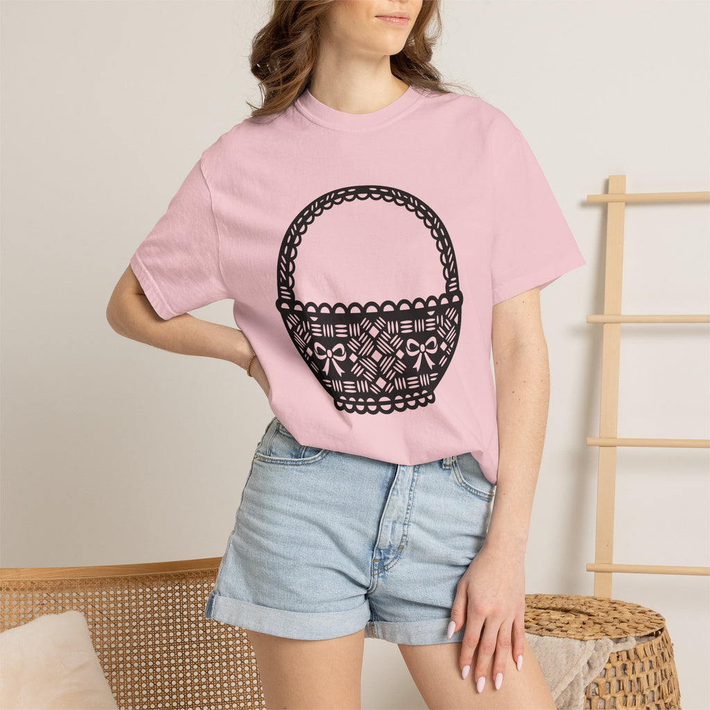 Wicker Basket Shirt Easter Celebration Gift Women Outline Tee Basket T-Shirt Easter Fan Wickerwork Graphic Modern Ribbon Tshirt