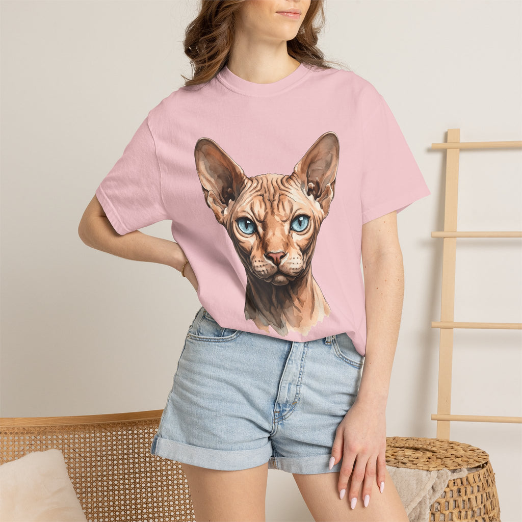 Sphynx Feline Shirt Cat Animal Gift Women Hand Painted Tee Cat T-Shirt Pet Fan Painted Tshirt Wildlife Graphic Lifelike Sapphire Eyes Tshirt