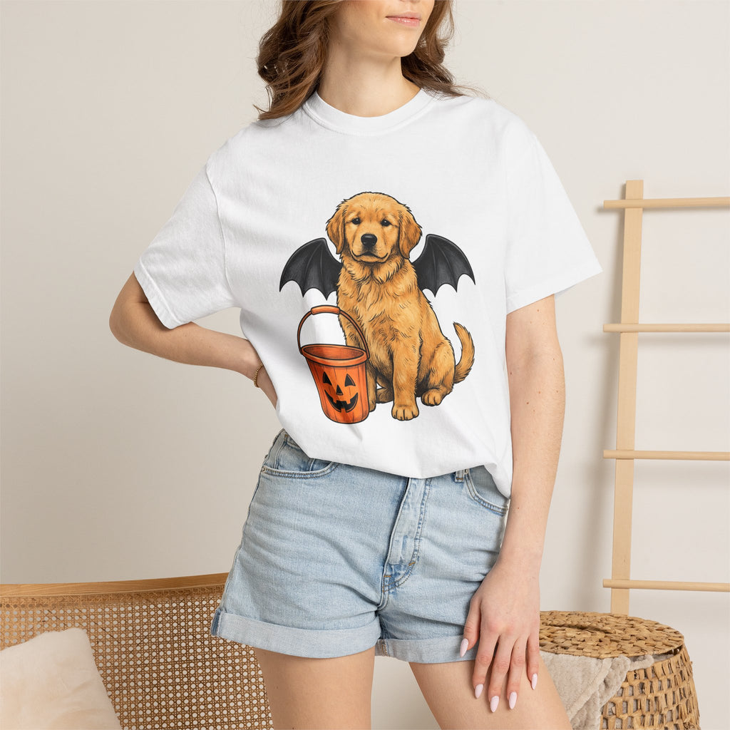 Golden Retriever Puppy Shirt Dog October Gift Women Cartoon Tee Puppy T-Shirt Dog Fan Pup Cartoon Tshirt Autumn Graphic Line Art Jack O