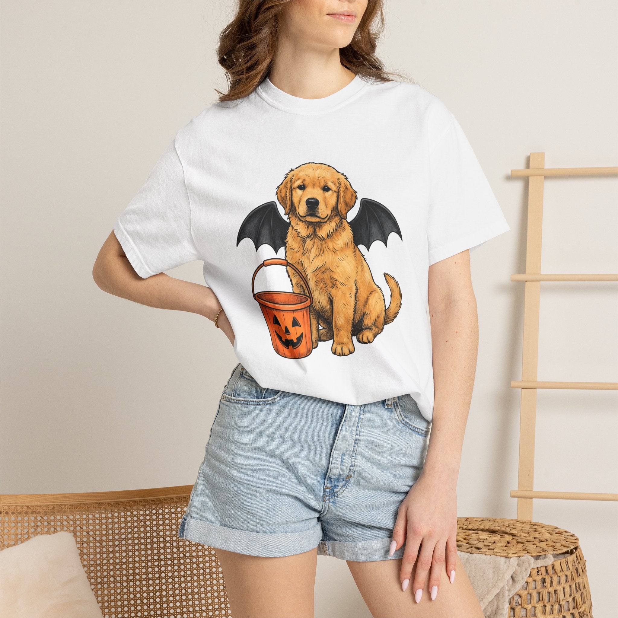 Golden Retriever Puppy Shirt Dog October Gift Women Cartoon Tee Puppy T-Shirt Dog Fan Pup Cartoon Tshirt Autumn Graphic Line Art Jack O