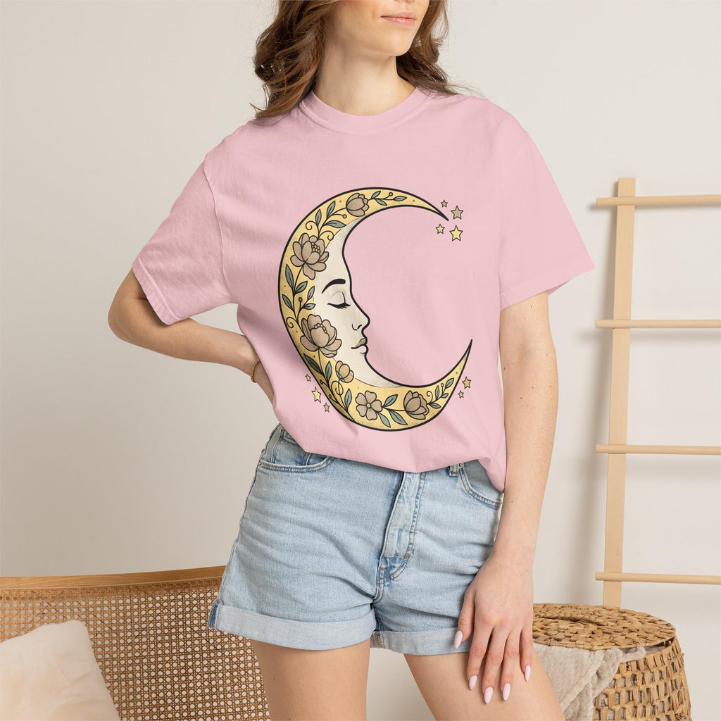 Moon Visage Shirt Floral Zodiac Gift Women Tribal Tee Lunar T-Shirt Flower Fan Primitive Tshirt Astrology Graphic Antique Petals Tshirt
