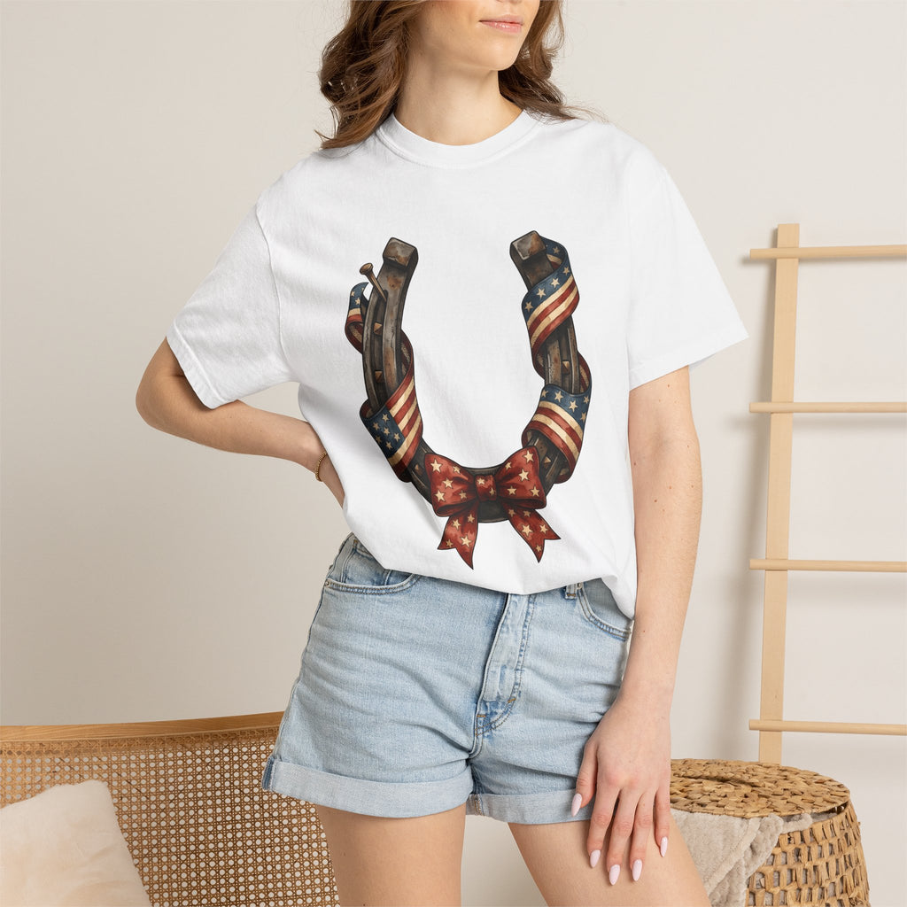 Horseshoe Flag Shirt America Patriotic Gift Women Rustic Tee Horseshoe T-Shirt American Fan Distressed Tshirt Star Graphic Vintage Bow