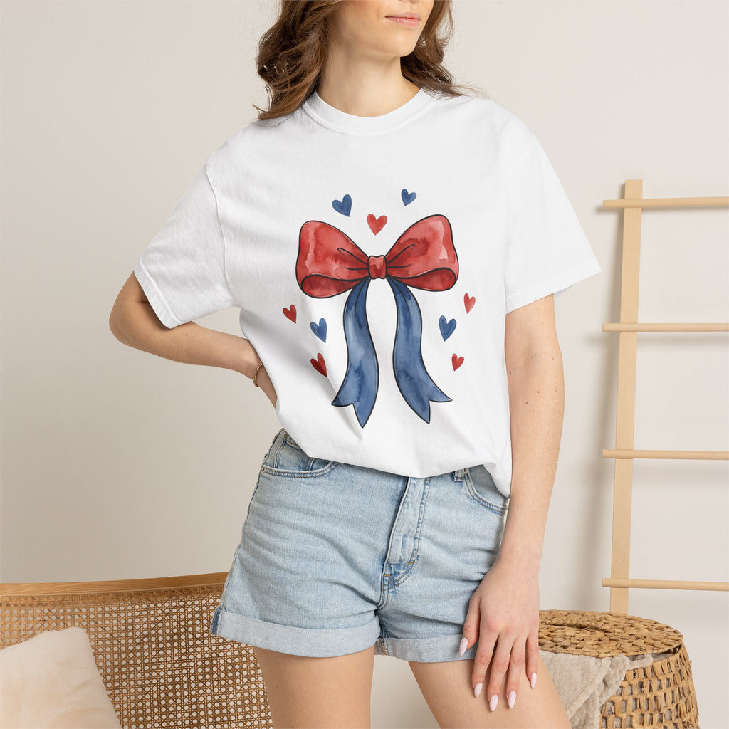 Usa Bow Shirt 4th Of July Event Gift Women Ink Tee Ribbon T-Shirt Patriotic Fan Tattoo Tshirt Party Graphic Outline Hearts Tshirt