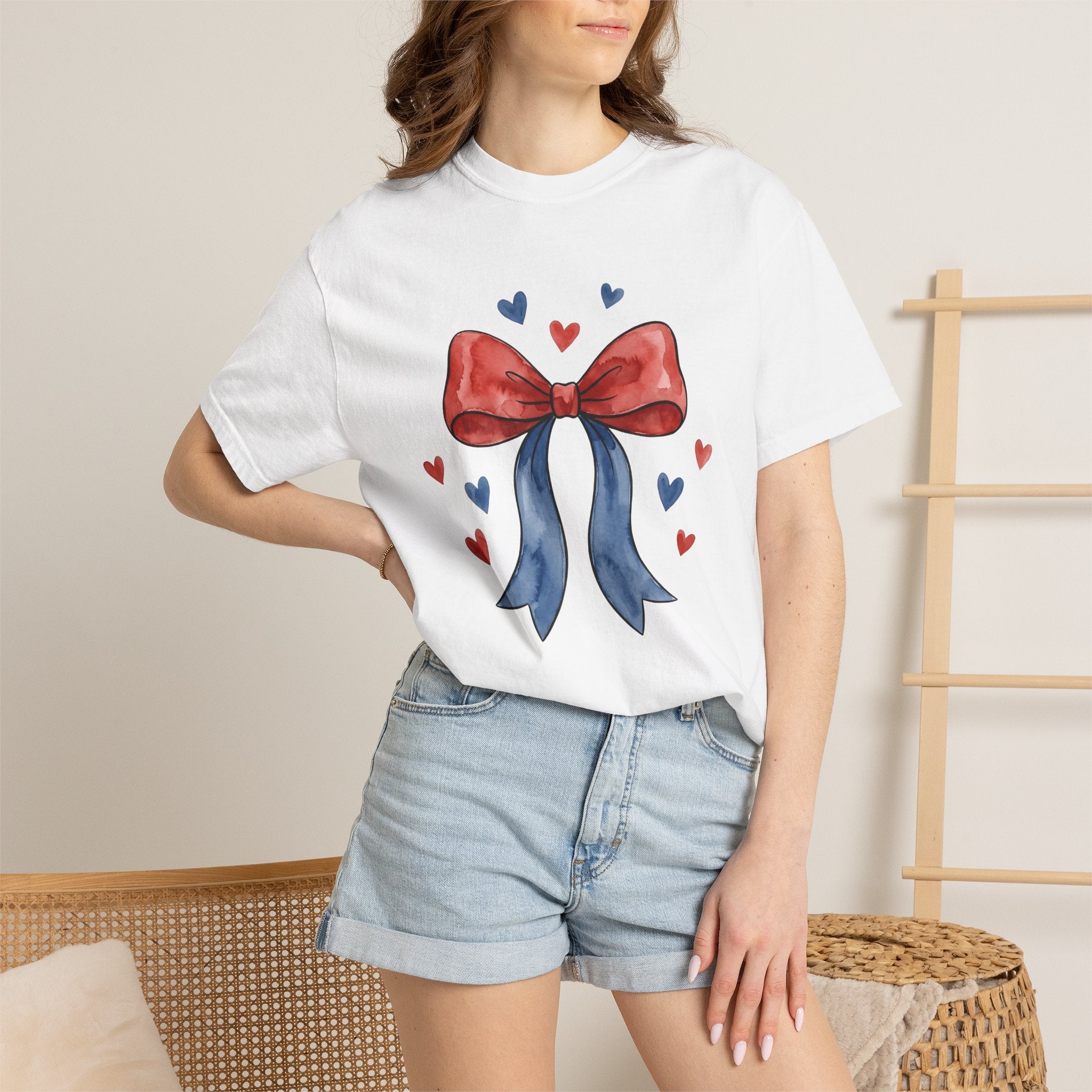 Usa Bow Shirt 4th Of July Event Gift Women Ink Tee Ribbon T-Shirt Patriotic Fan Tattoo Tshirt Party Graphic Outline Hearts Tshirt