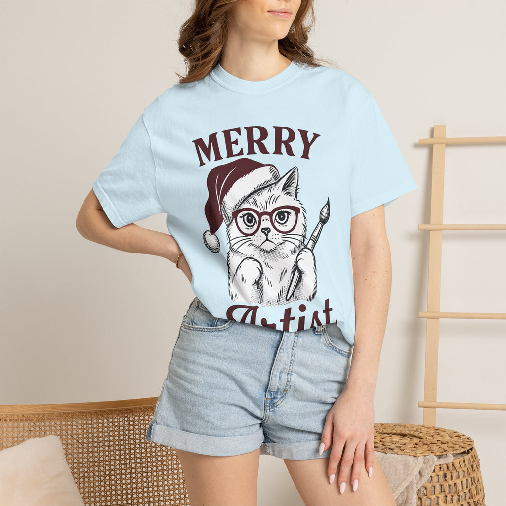 Cat Santa Hat Shirt Cat Christmas Gift Women Hand Drawn Tee Kitty Cat T-Shirt Feline Fan Illustrated Graphic Christmas Design Vintage