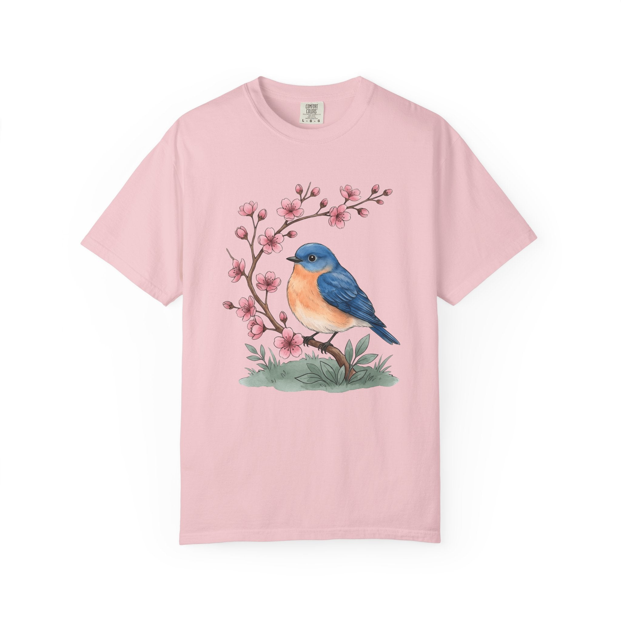 Bluebird Floral Shirt Easter Spring Gift Women Watercolor Tee Floral T-Shirt Easter Fan Painted Tshirt Seasonal Graphic Hand Drawn Cherry