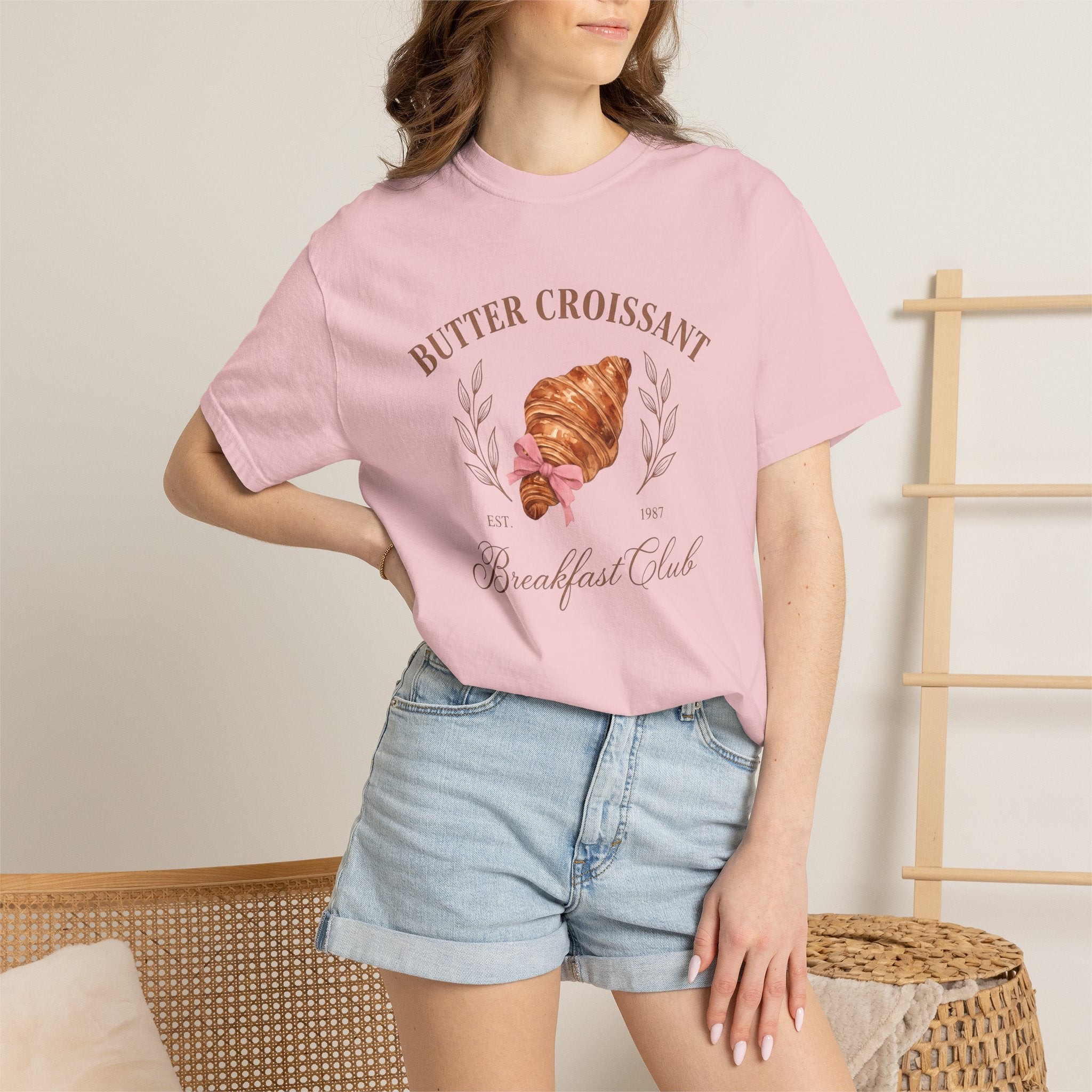 Flaky Croissant Shirt Desserts Pastry Gift Women Hand Painted Tee Croissant T-Shirt Dessert Fan Watercolor Tshirt Bakery Graphic Rustic Pink