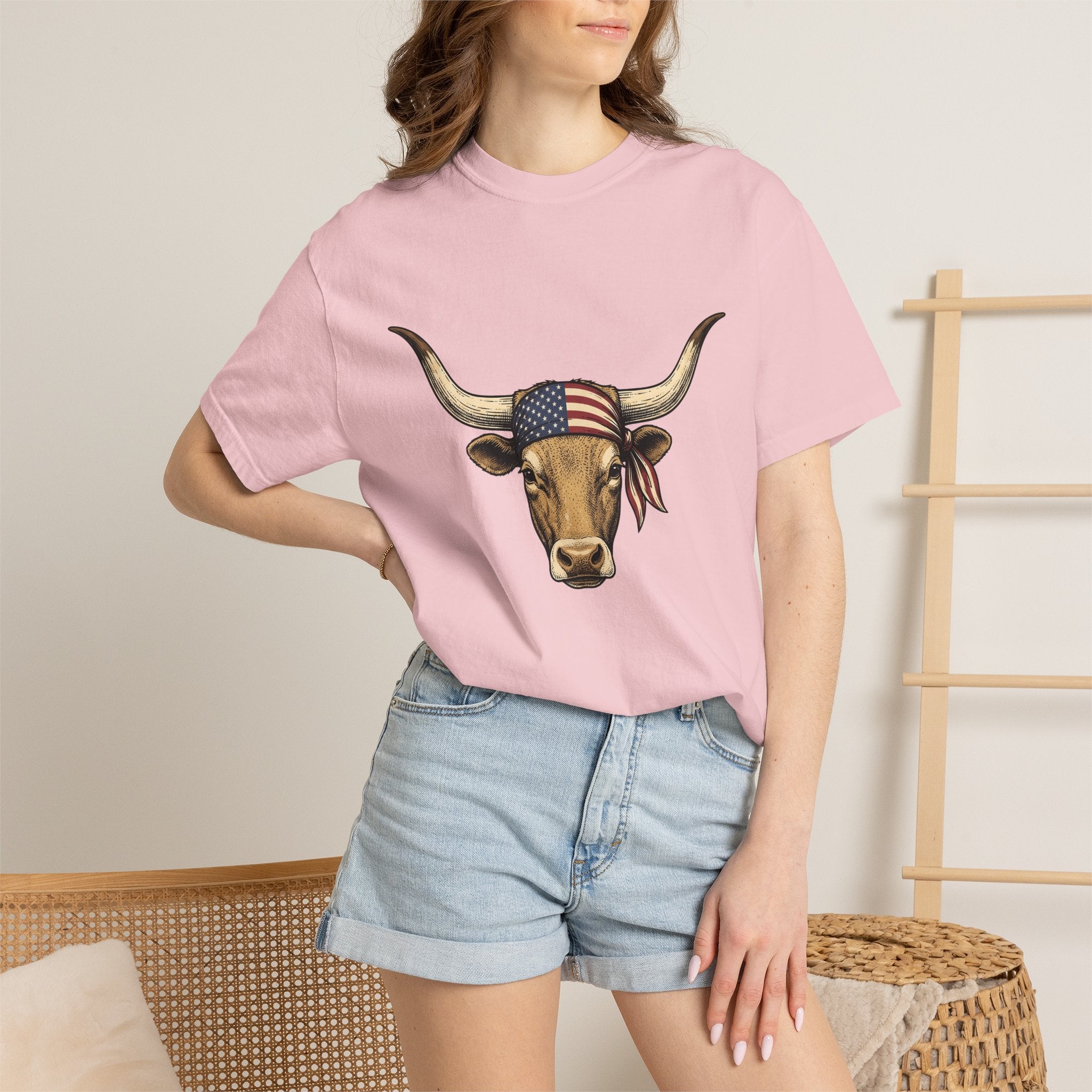 Steer Cattle Shirt 4th Of July Rodeo Gift Women Hand Sketched Tee Cowboy T-Shirt Independence Day Fan Cowboy Tshirt Rodeo Graphic Line Art