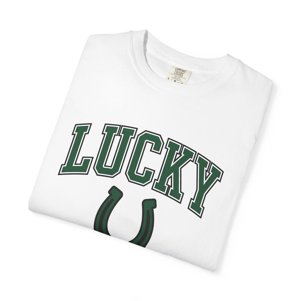 Horseshoe Graphic Shirt St Patricks Day Luck Gift Women Varsity Tee Horseshoe T-Shirt Lucky Fan Lucky Charm Graphic Design Minimalist Bold