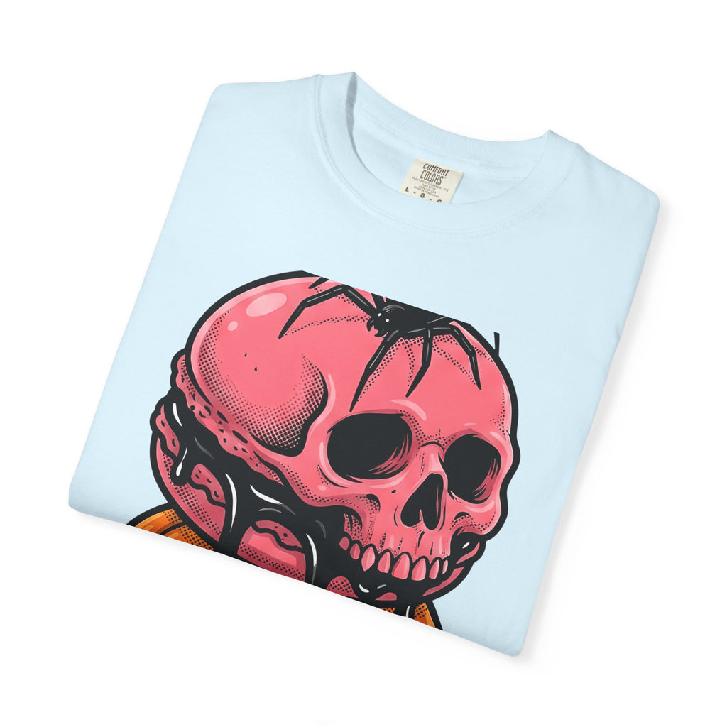 Skull Macarons Shirt Desserts Halloween Gift Women Bold Graphic Tee Macaron T-Shirt Pastry Fan Graphic Tshirt Spooky Graphic Retro Spider