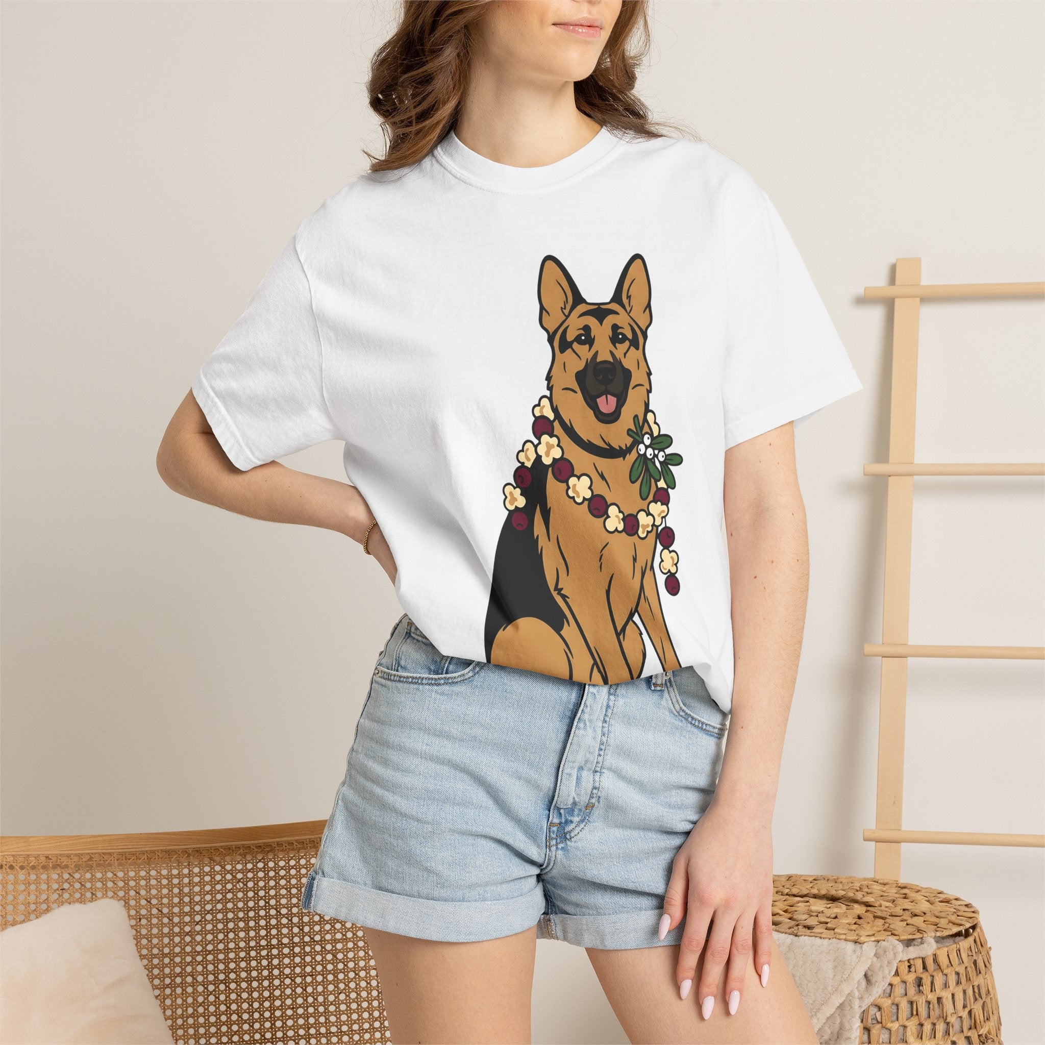 German Shepherd Shirt Dog Christmas Gift Women Cartoon Tee Alsatian T-Shirt Dog Fan Toon Tshirt Winter Graphic Minimalist Flower Garland