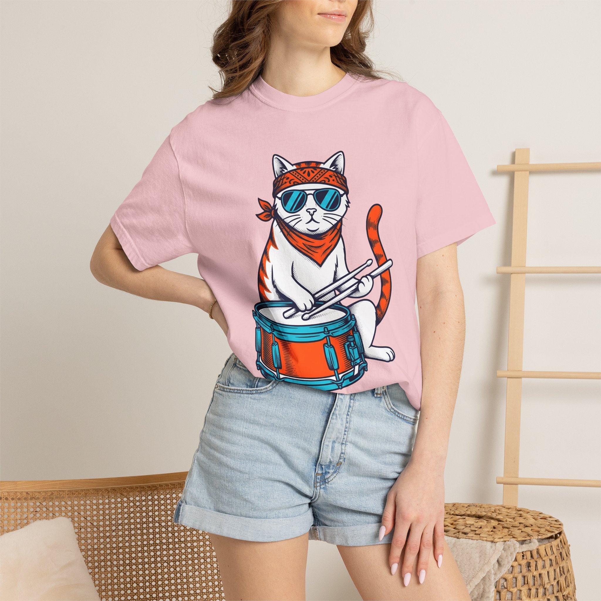 Drummer Kitten Shirt Cat Instruments Gift Women Comic Tee Drummer T-Shirt Cat Fan Cartoon Tshirt Musical Instrument Graphic Vintage Shades