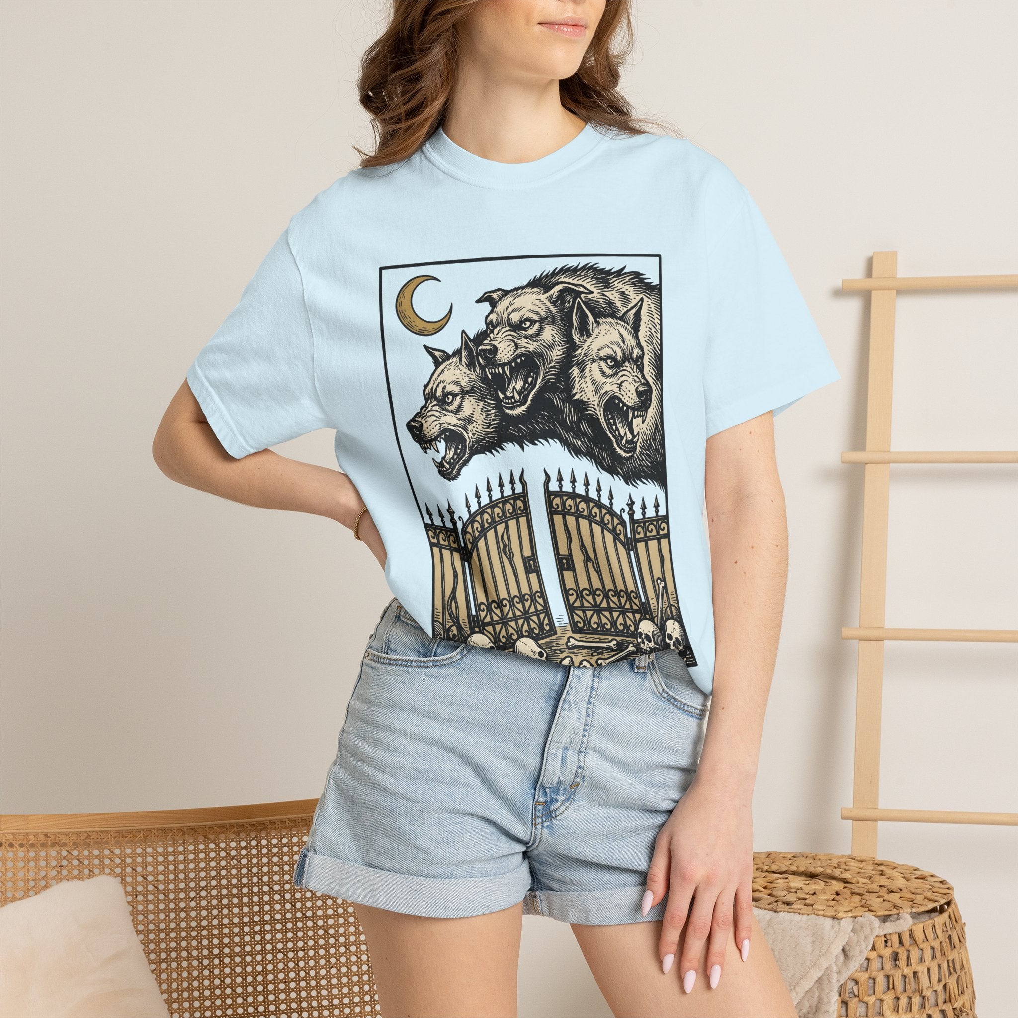 Three-Headed Dog Shirt Gothic Legends Gift Women Dark Art Tee Cerberus T-Shirt Goth Fan Macabre Tshirt Mythology Graphic Retro Bones Tshirt