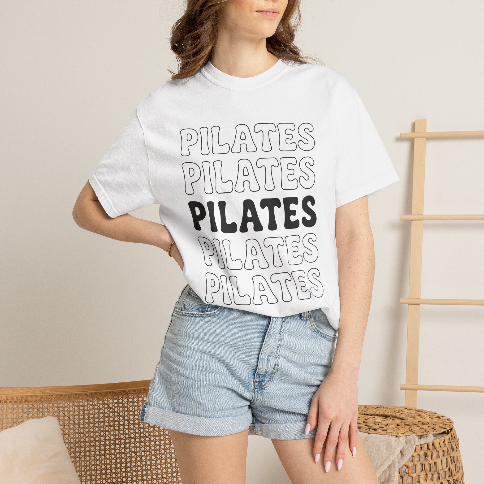 Layered Text Design Shirt Pilates Workout Gift Women Psychedelic Tee Typography T-Shirt Fitness Enthusiast Bohemian Tshirt Exercise Graphic