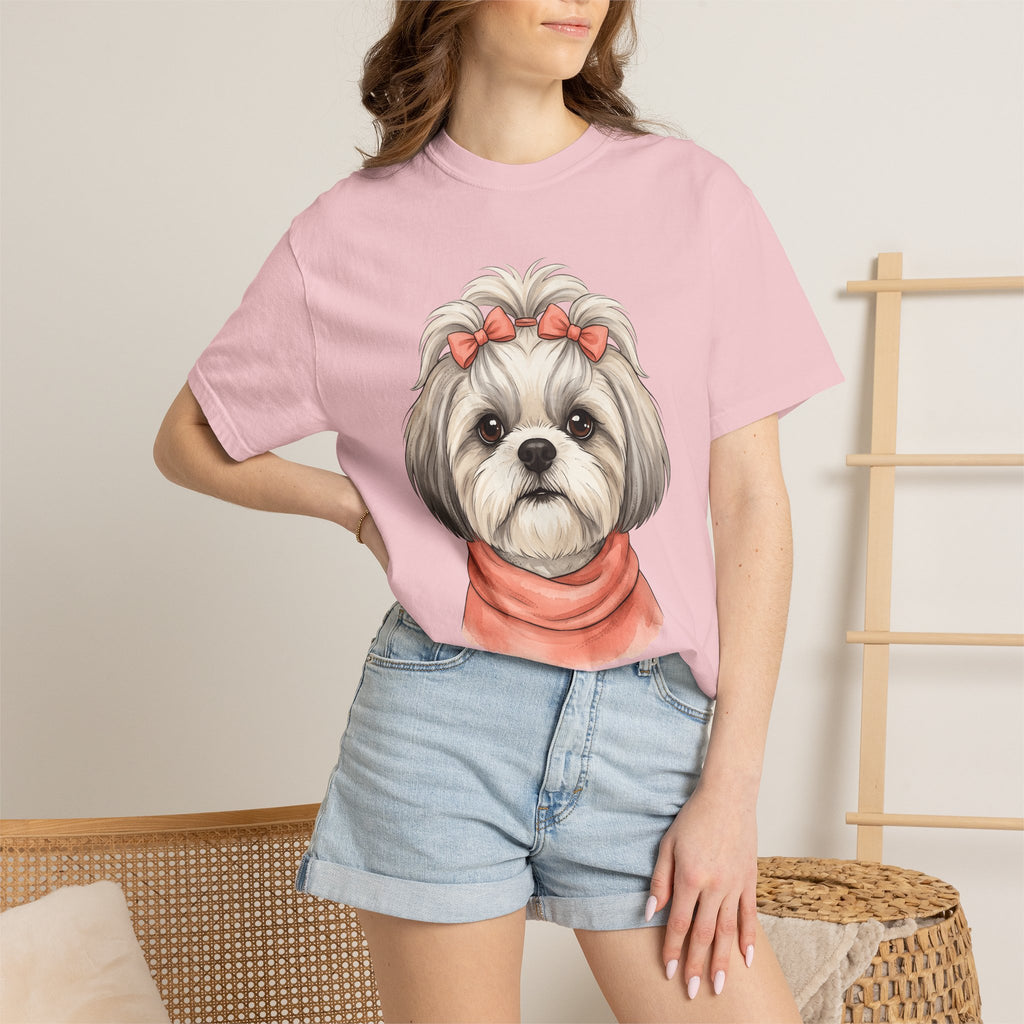 Shih Tzu Dog Shirt Dog Pet Gift Women Cute Tee Dog T-Shirt Dog Fan Puppy Tshirt Pet Graphic Hand Drawn Bow Tshirt