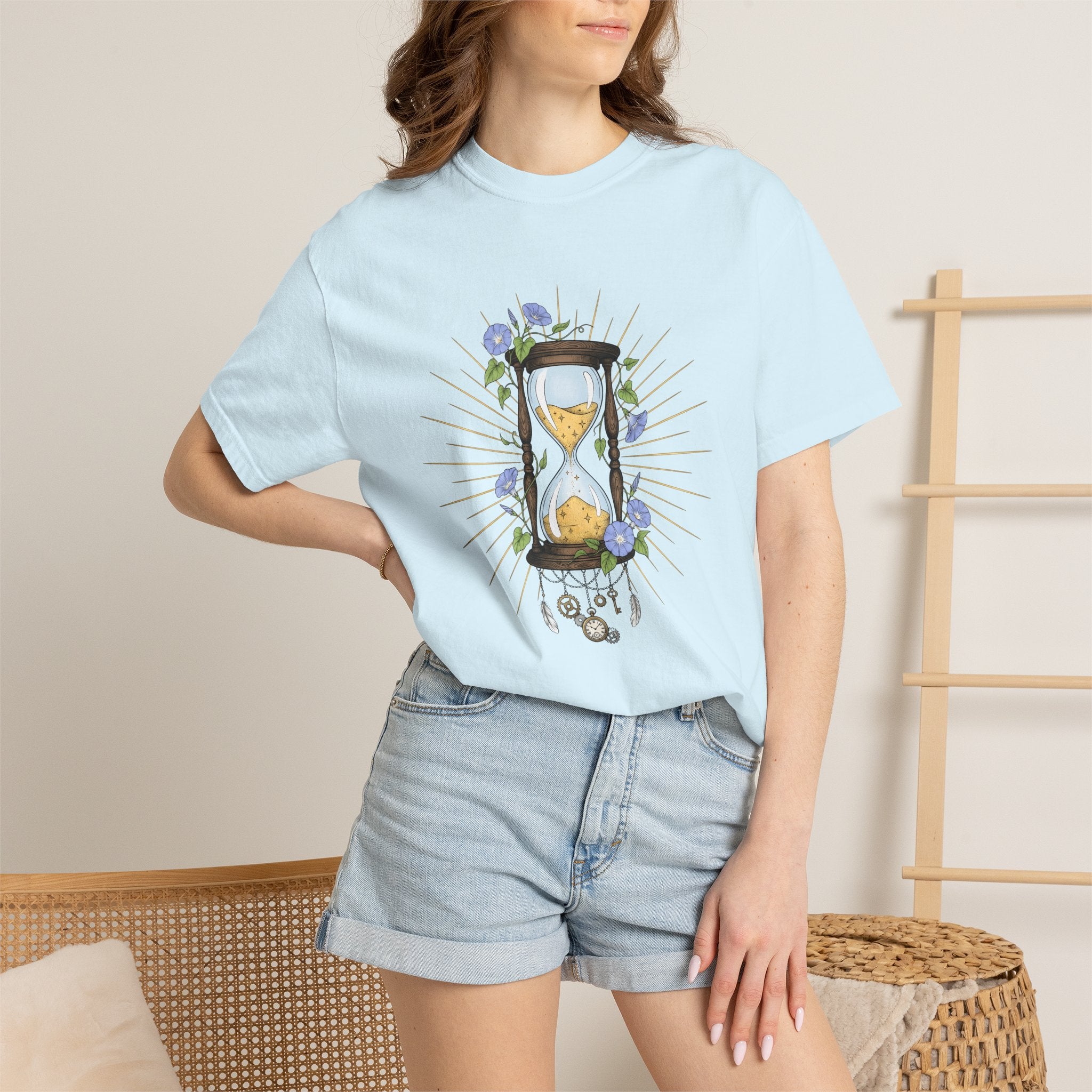 Hourglass Floral Shirt Boho Chic Celestial Gift Women Boho Tee Sand Timer T-Shirt Bohemian Fan Hippie Tshirt Galaxy Graphic Vintage Gears