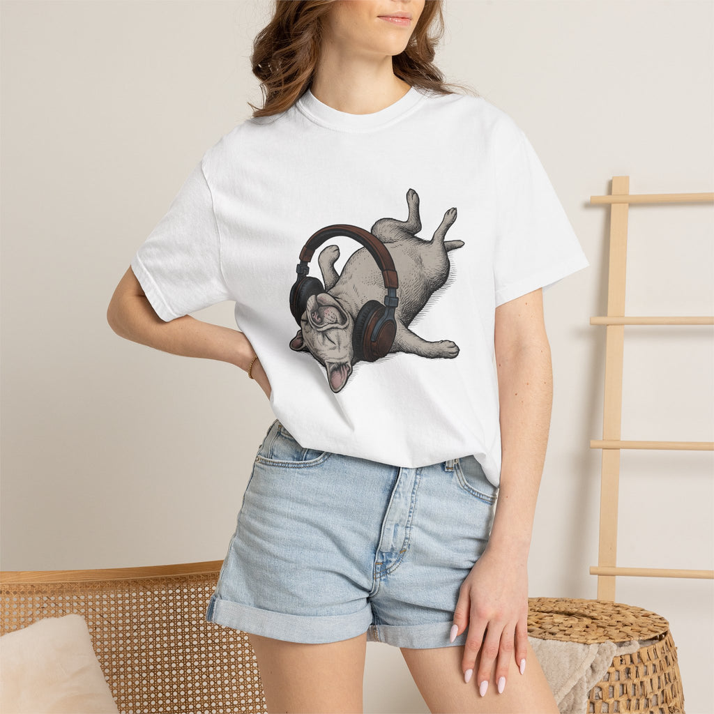 French Bulldog Shirt Dog Instruments Gift Women Cartoon Tee Bulldog T-Shirt Dog Fan Toon Tshirt Music Graphic Hand Drawn Headphones Tshirt