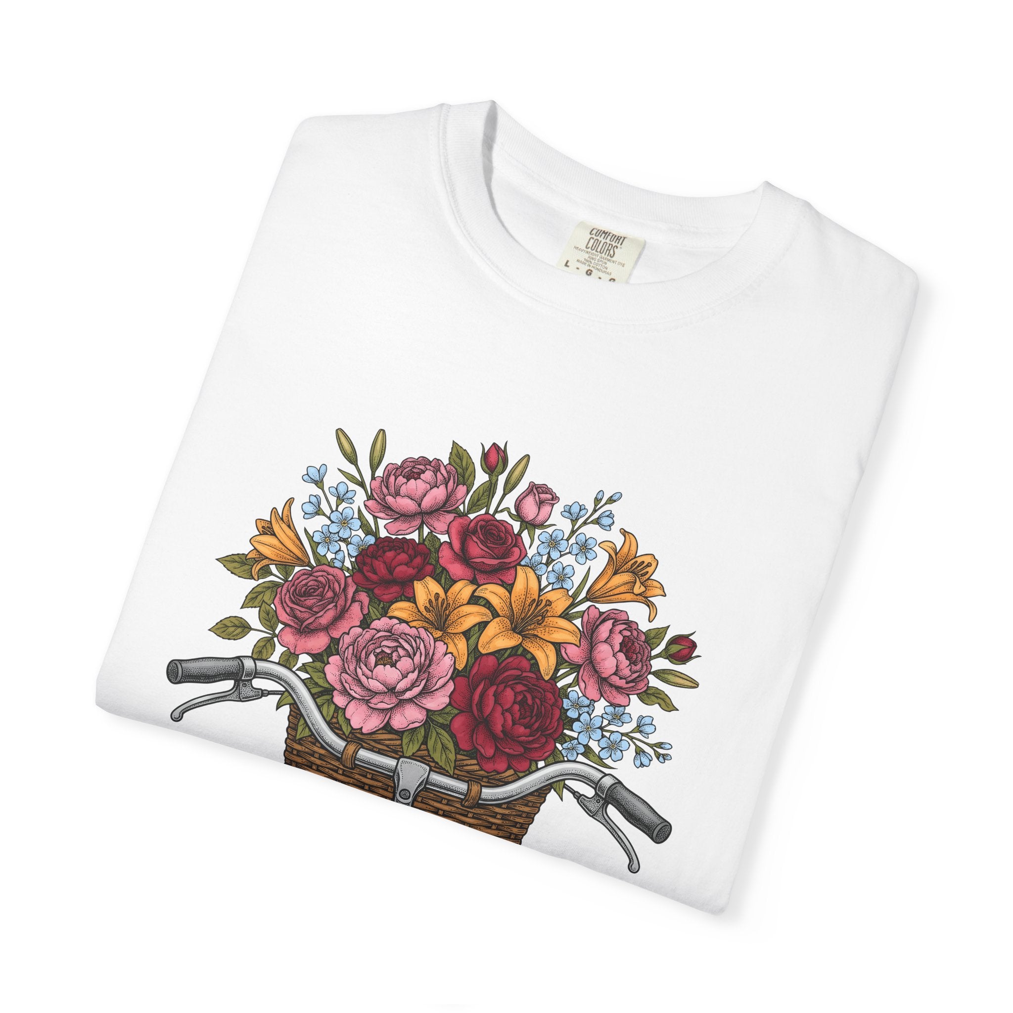 Cycle Basket Flowers Shirt Easter Petals Gift Women Floral Drawing Tee Bicycle Basket T-Shirt Spring Fan Floral Art Tshirt Floral Design