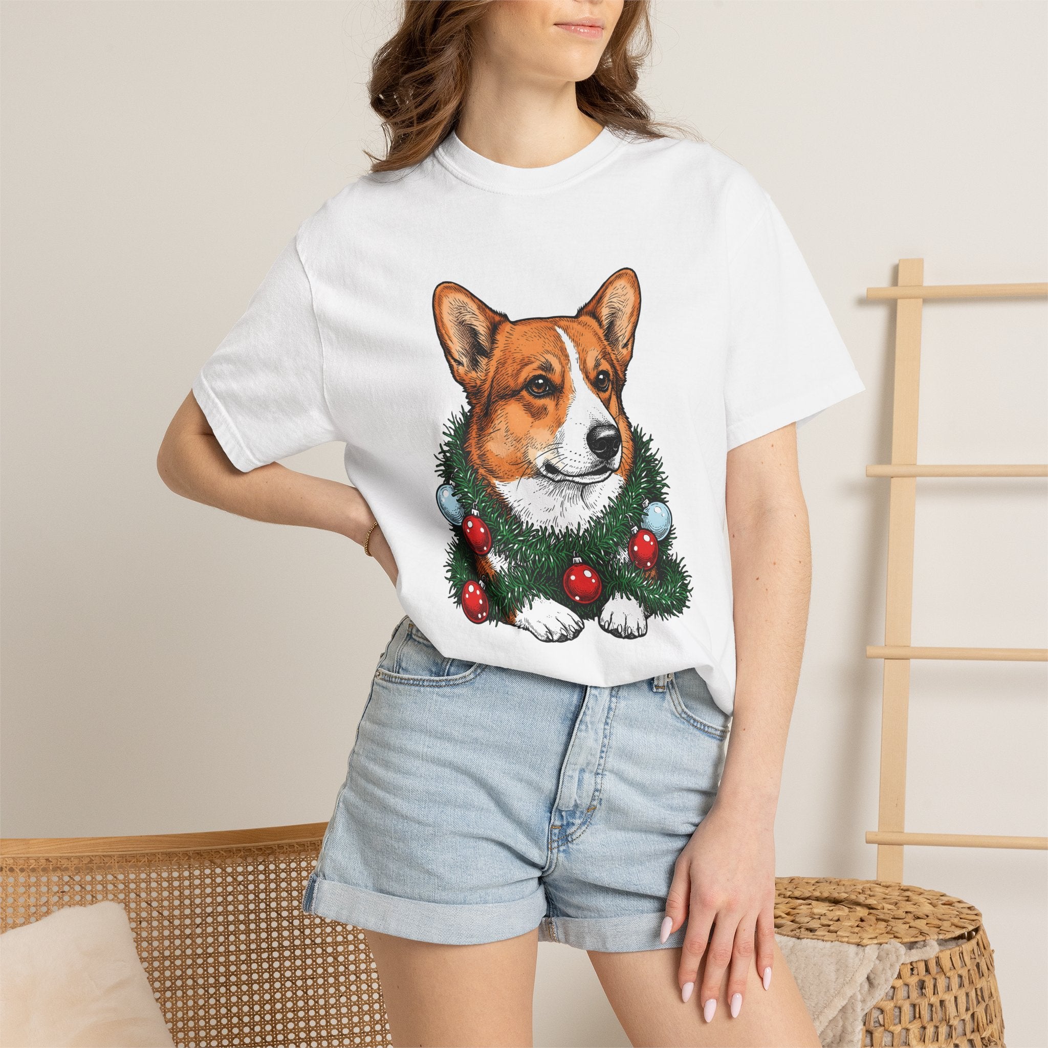 Corgi Pet Shirt Dog Yuletide Gift Women Line Art Tee Puppy T-Shirt Dog Fan Minimalist Tshirt Christmas Graphic Cartoon Festive Wreath Tshirt