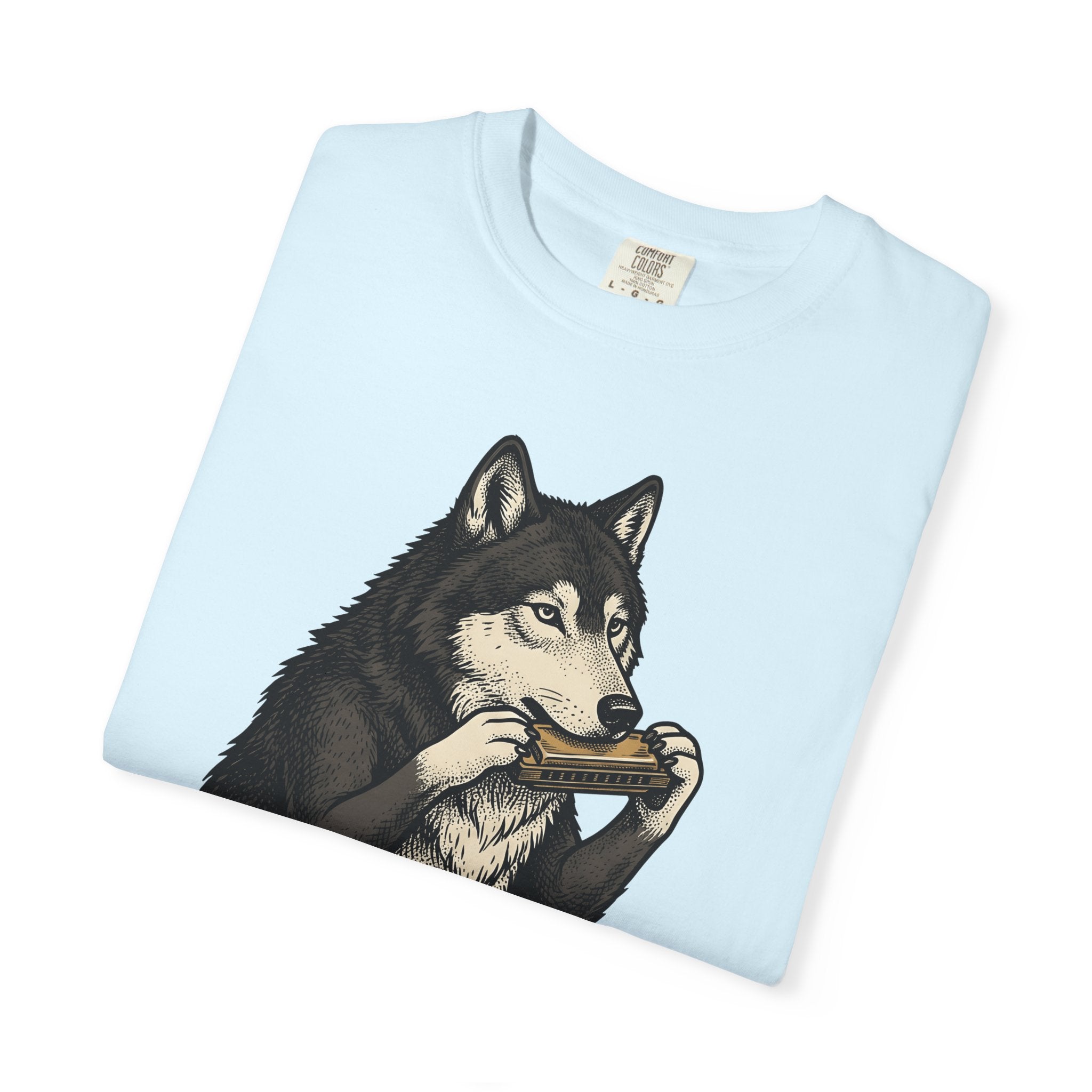 Wolf Harmonica Shirt Animals Instruments Gift Women Sketch Tee Howling T-Shirt Wildlife Fan Drawing Design Retro Harmonica Tshirt