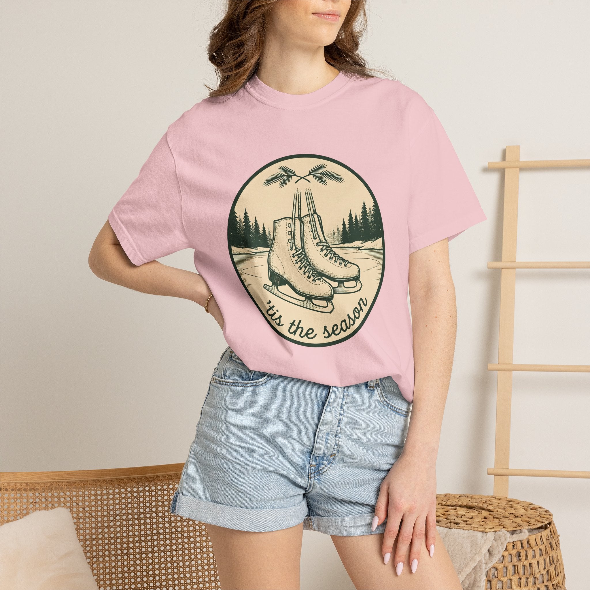 Ice Skates Shirt Christmas Winter Gift Women Vintage Tee Skating T-Shirt Xmas Fan Holiday Tshirt Frosty Illustration Hand Drawn Pine Trees