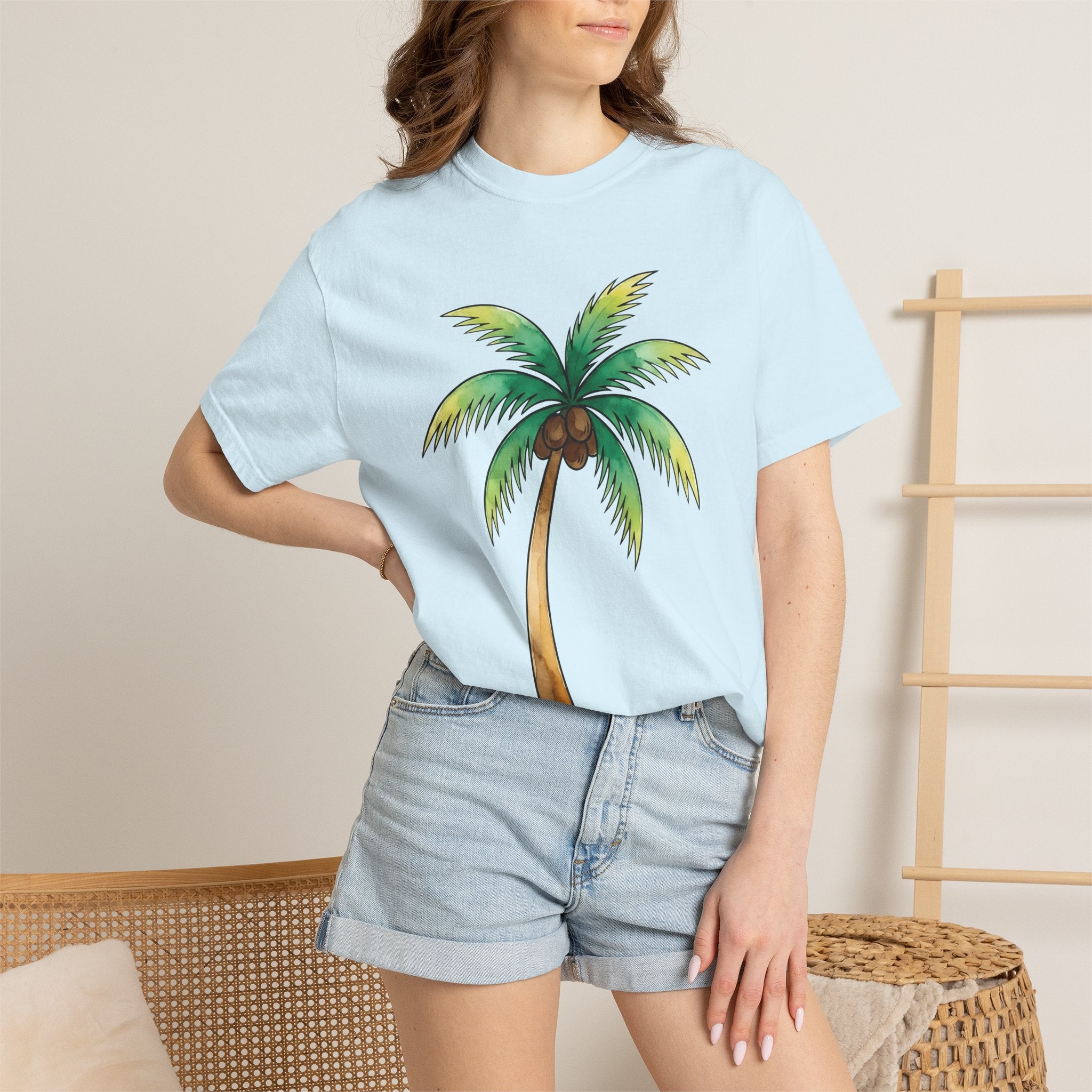Palm Leaf Shirt Tropical Beach Gift Women Watercolor Tee Frond T-Shirt Island Fan Watercolour Tshirt Coastal Graphic Sketch Coconut Fruit