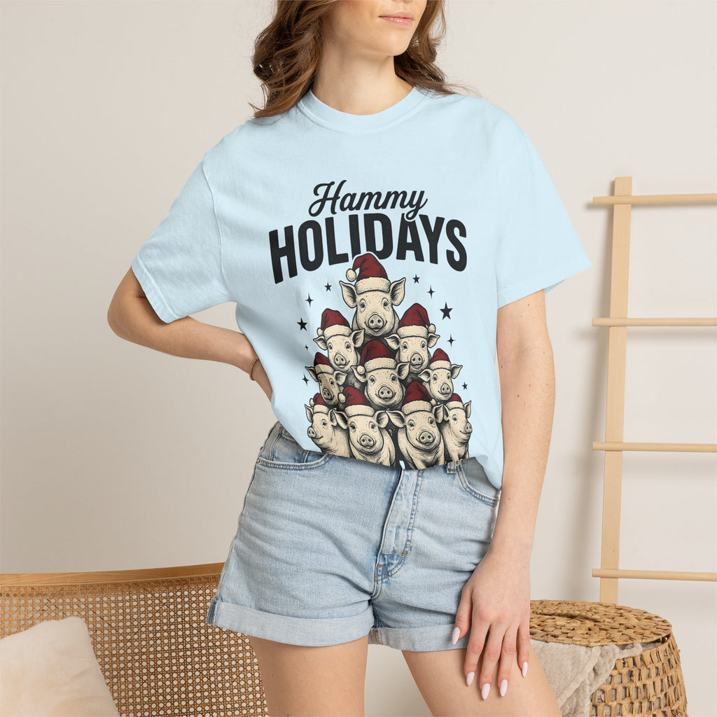 Pig Xmas Hats Shirt Christmas Farm Gift Women Classic Tee Swine T-Shirt Xmas Fan Holiday Tshirt Ranch Graphic Cartoon Glitter Tshirt