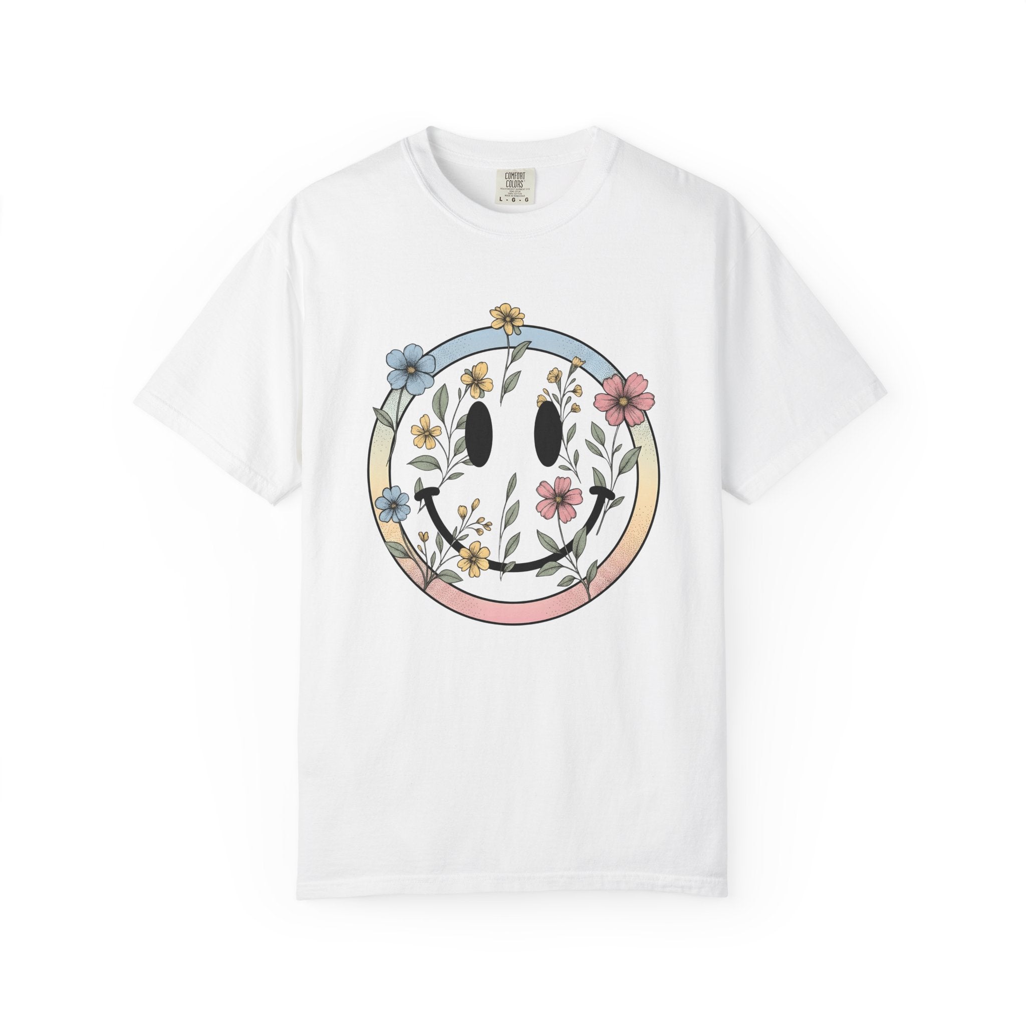 Smile Face Blossoms Shirt Boho Chic Flower Gift Women Hand Drawn Tee Smiley Face T-Shirt Bohemian Fan Illustrated Graphic Floral Design
