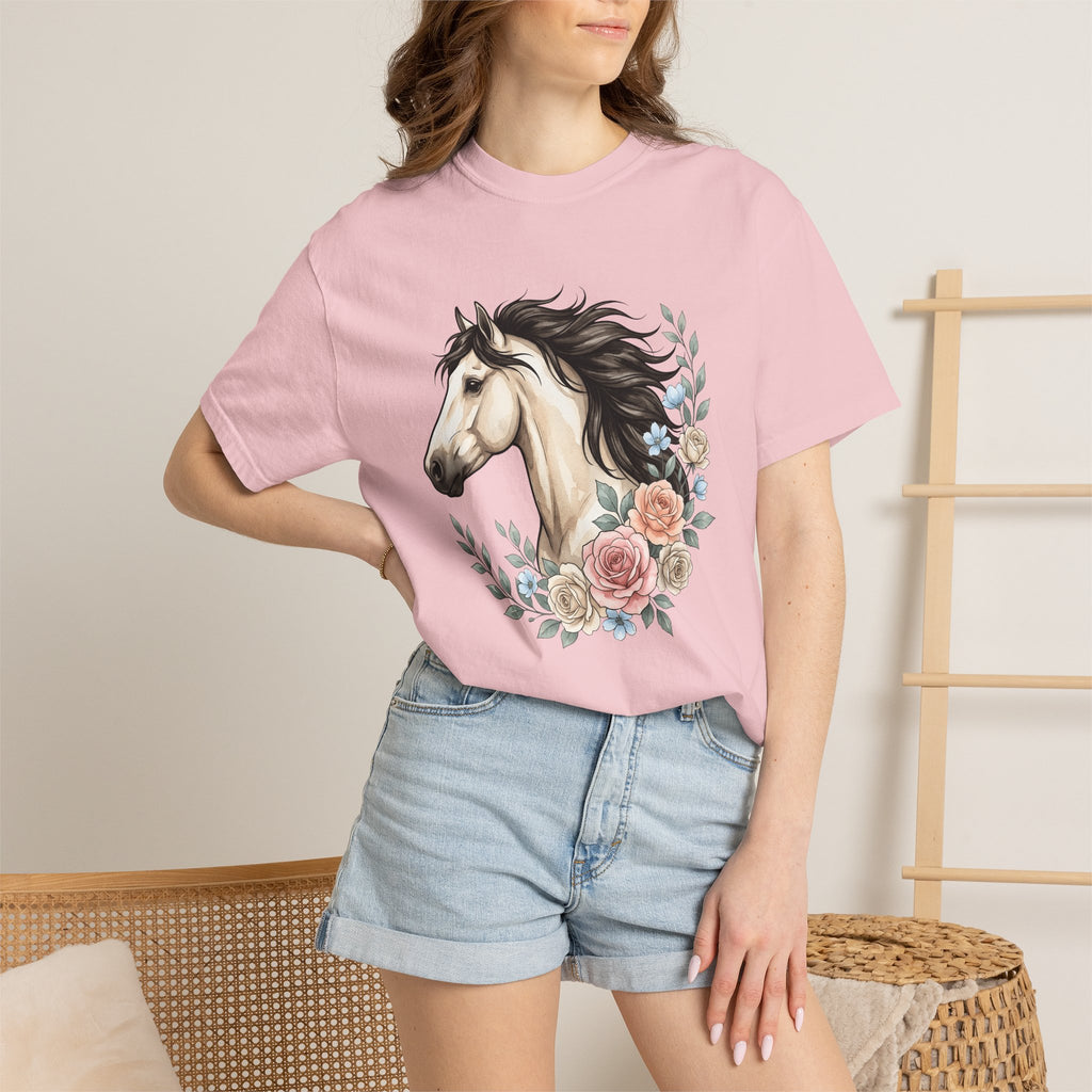 Horse Flower Shirt Boho Chic Wildlife Gift Women Paint Tee Equine T-Shirt Hippie Fan Bohemian Tshirt Animal Graphic Sketch Rose Tshirt