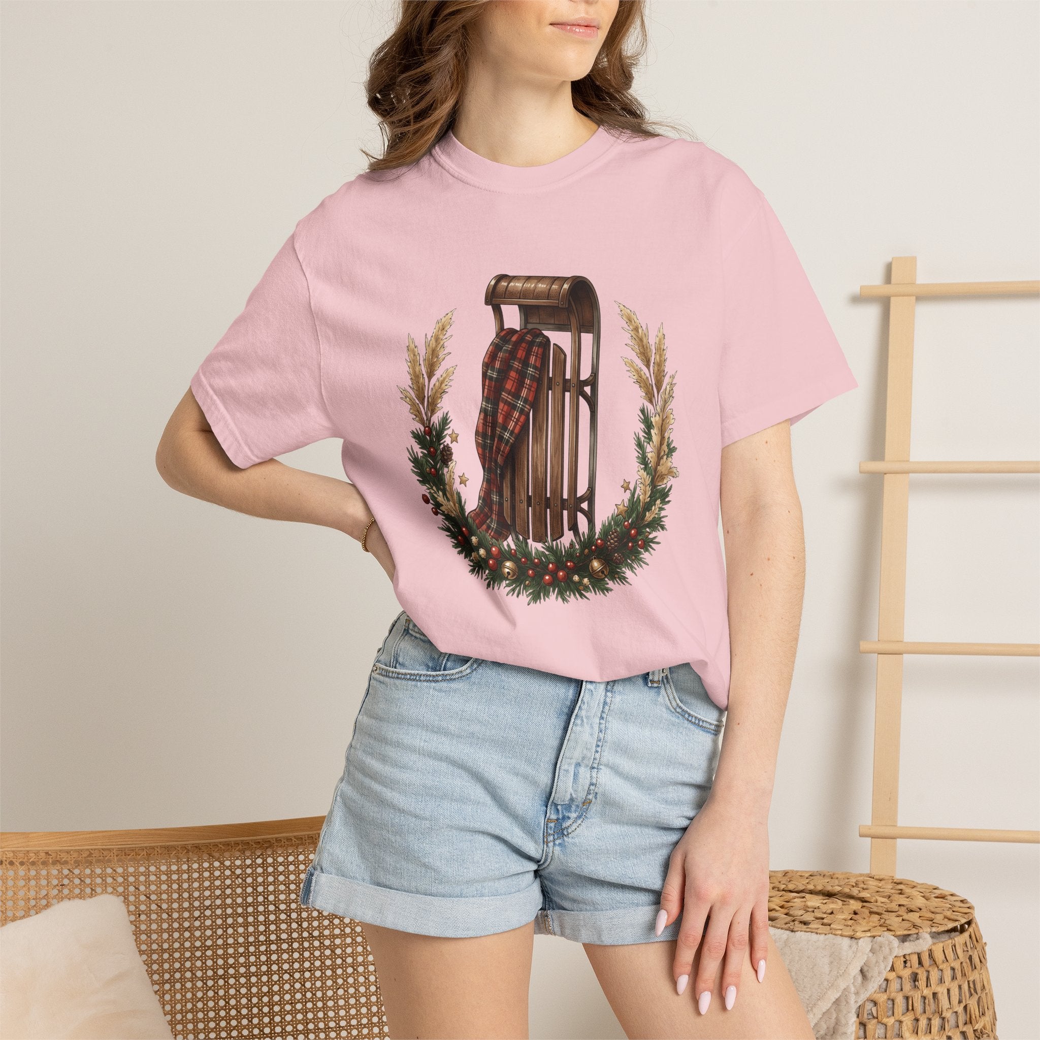 Vintage Sled Shirt Christmas Winter Gift Women Cozy Tee Toboggan T-Shirt Xmas Fan Holiday Tshirt Frosty Graphic Hand Drawn Pine Wreath