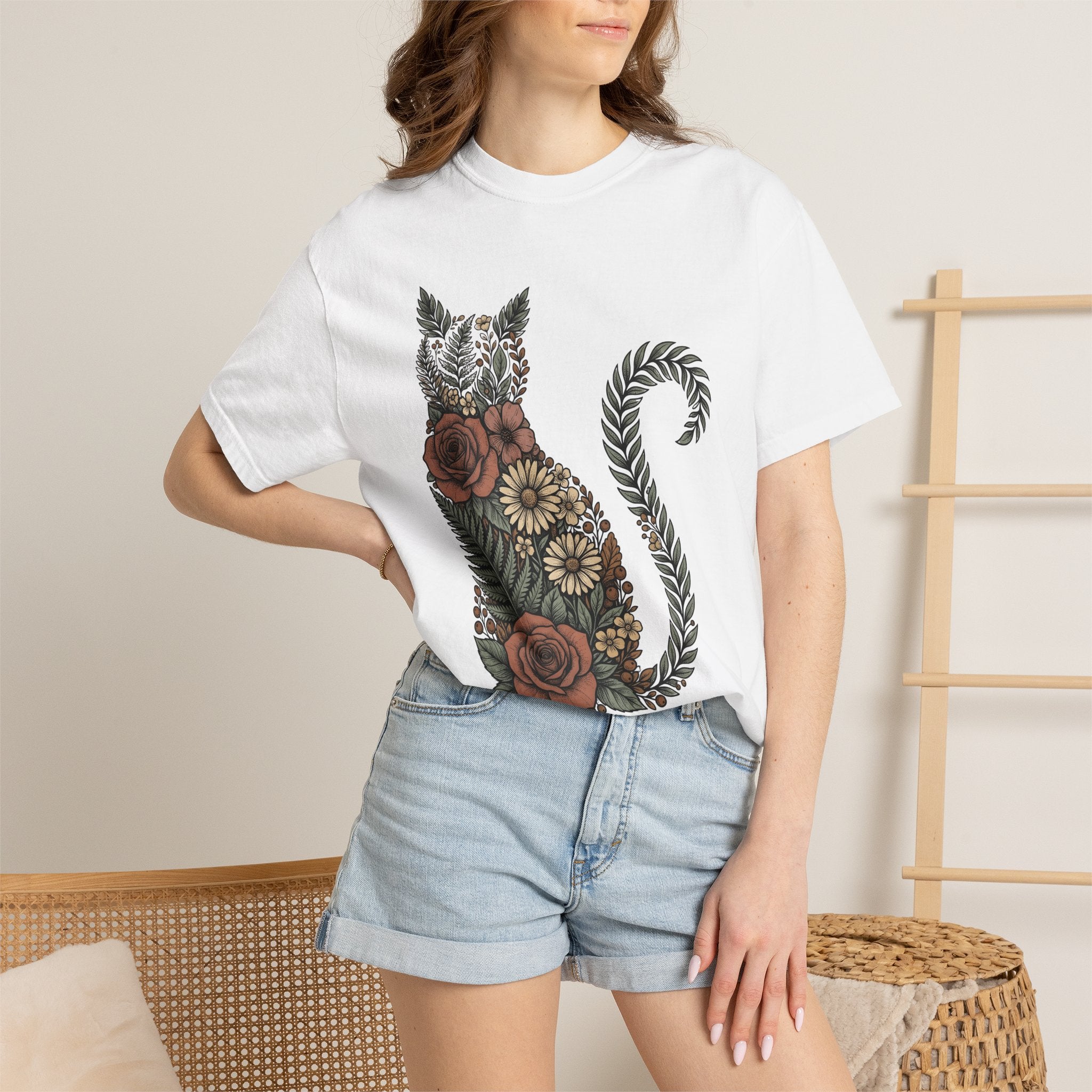 Bloom Cat Shirt Cottagecore Plants Gift Women Line Art Tee Kitty T-Shirt Cottage Fan Minimalist Tshirt Floral Graphic Cartoon Pink Roses