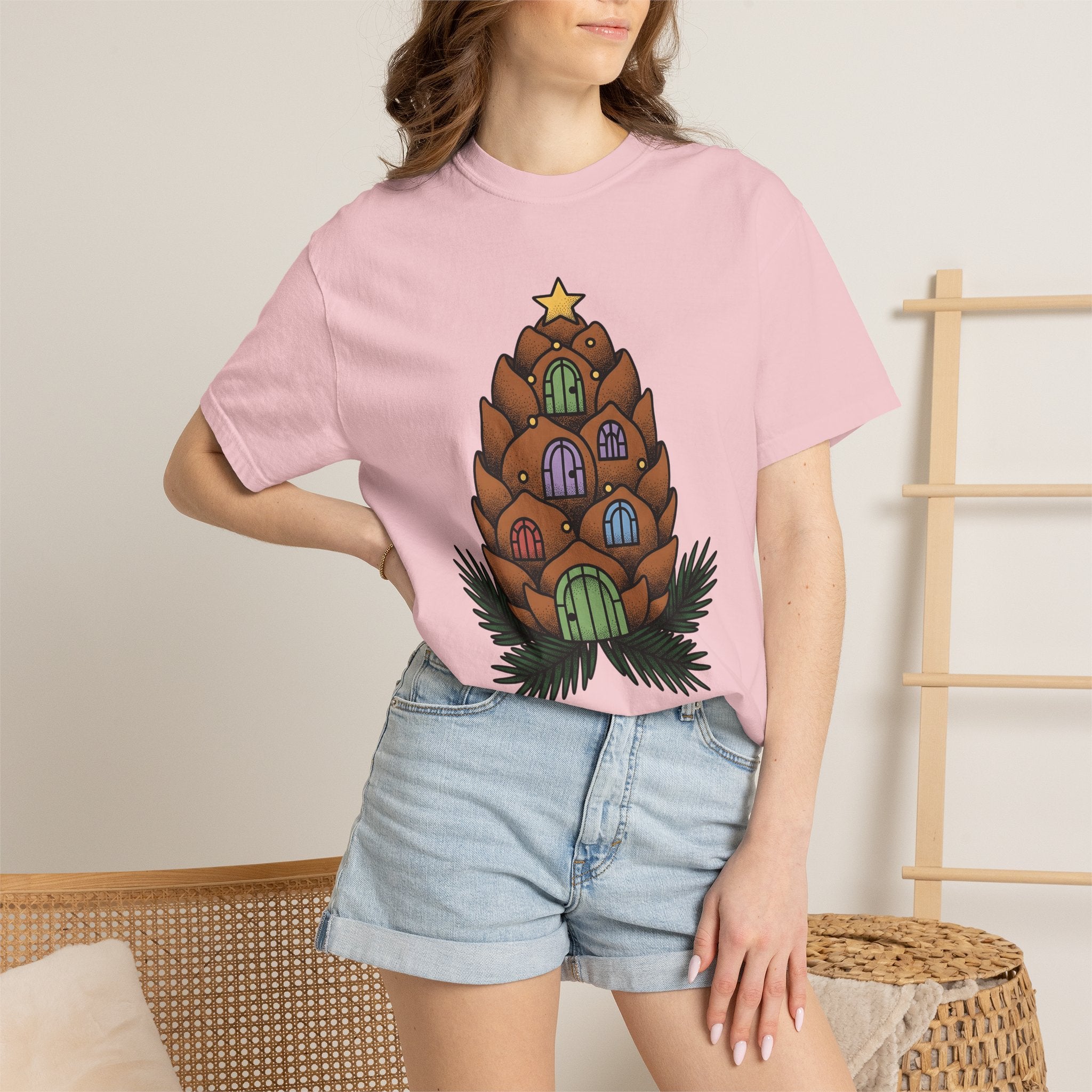 Pinecone House Shirt Christmas Woodland Gift Women Whimsical Tee Pinecone T-Shirt Winter Fan Fantasy Graphic Tshirt Hand Drawn Star Tshirt