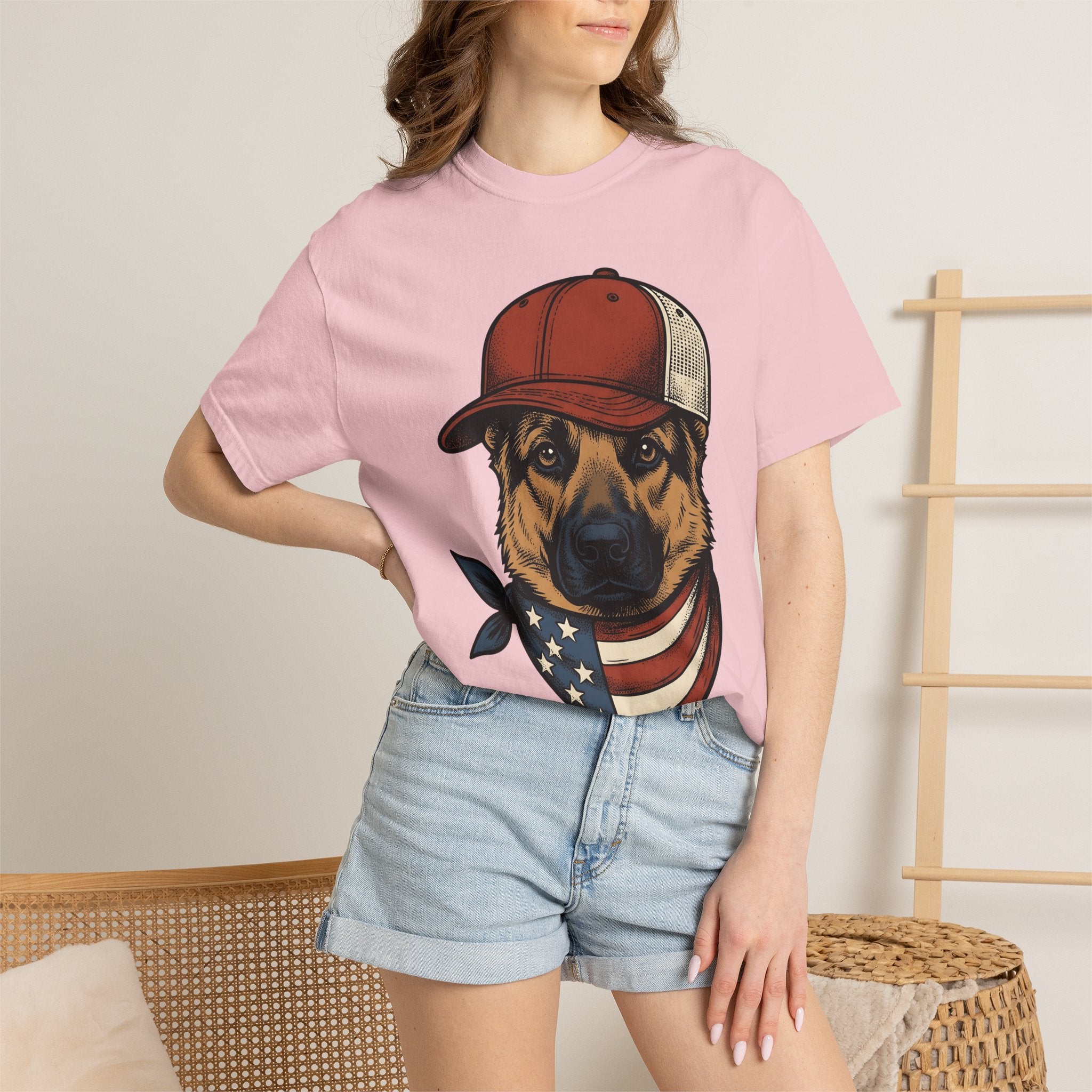 German Shepherd Dog Shirt America Patriotic Gift Women Vintage Tee Alsatian T-Shirt American Fan Distressed Tshirt Star Spangled Graphic