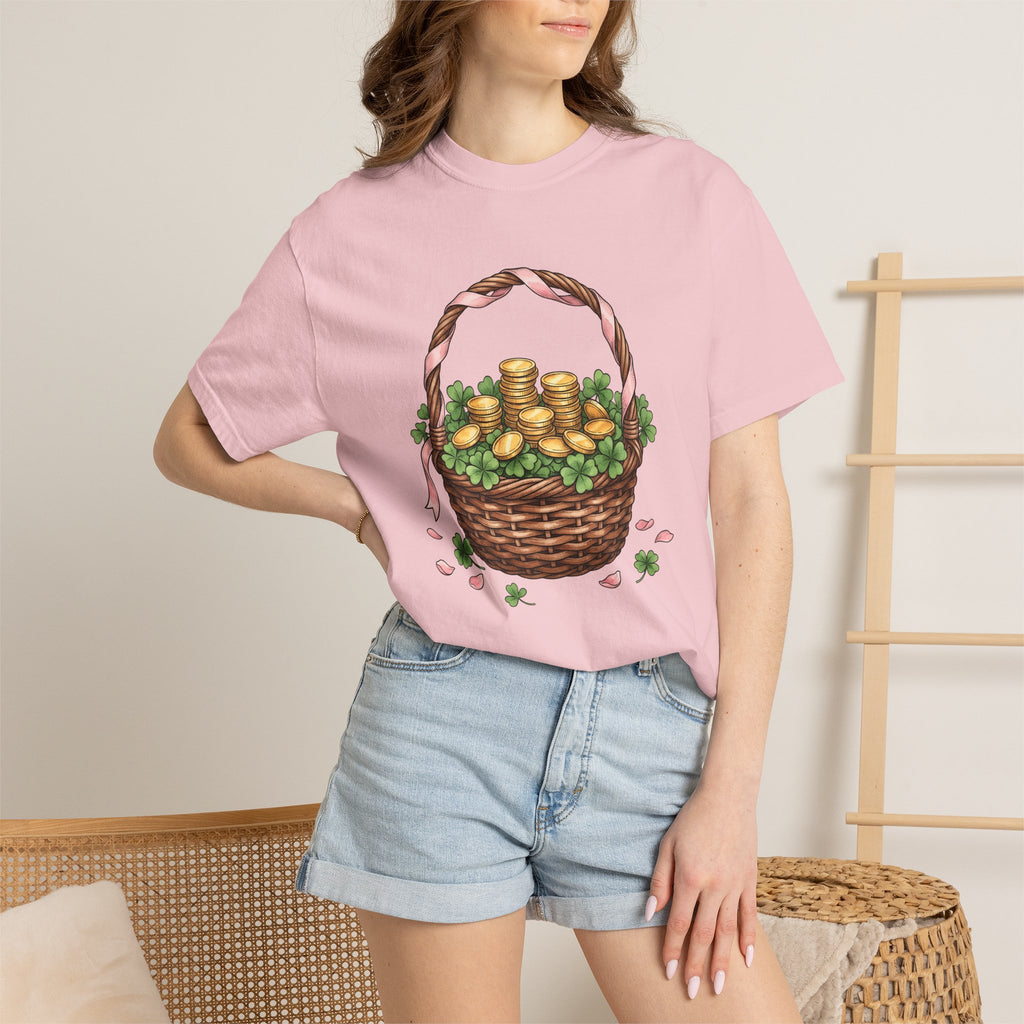 Gold Coin Basket Shirt St Patrick's Day Blessing Gift Women Line Art Tee Treasure Basket T-Shirt Luck Enthusiast Illustration Tshirt Divine