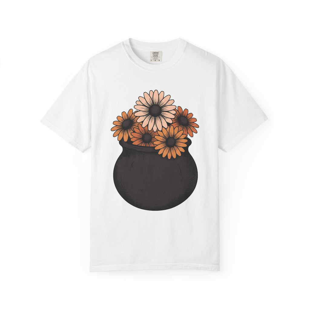 Witch Pot Flowers Shirt Halloween Petals Gift Women Line Art Tee Floral Arrangement T-Shirt Spooky Fan Minimalist Tshirt Floral Graphic