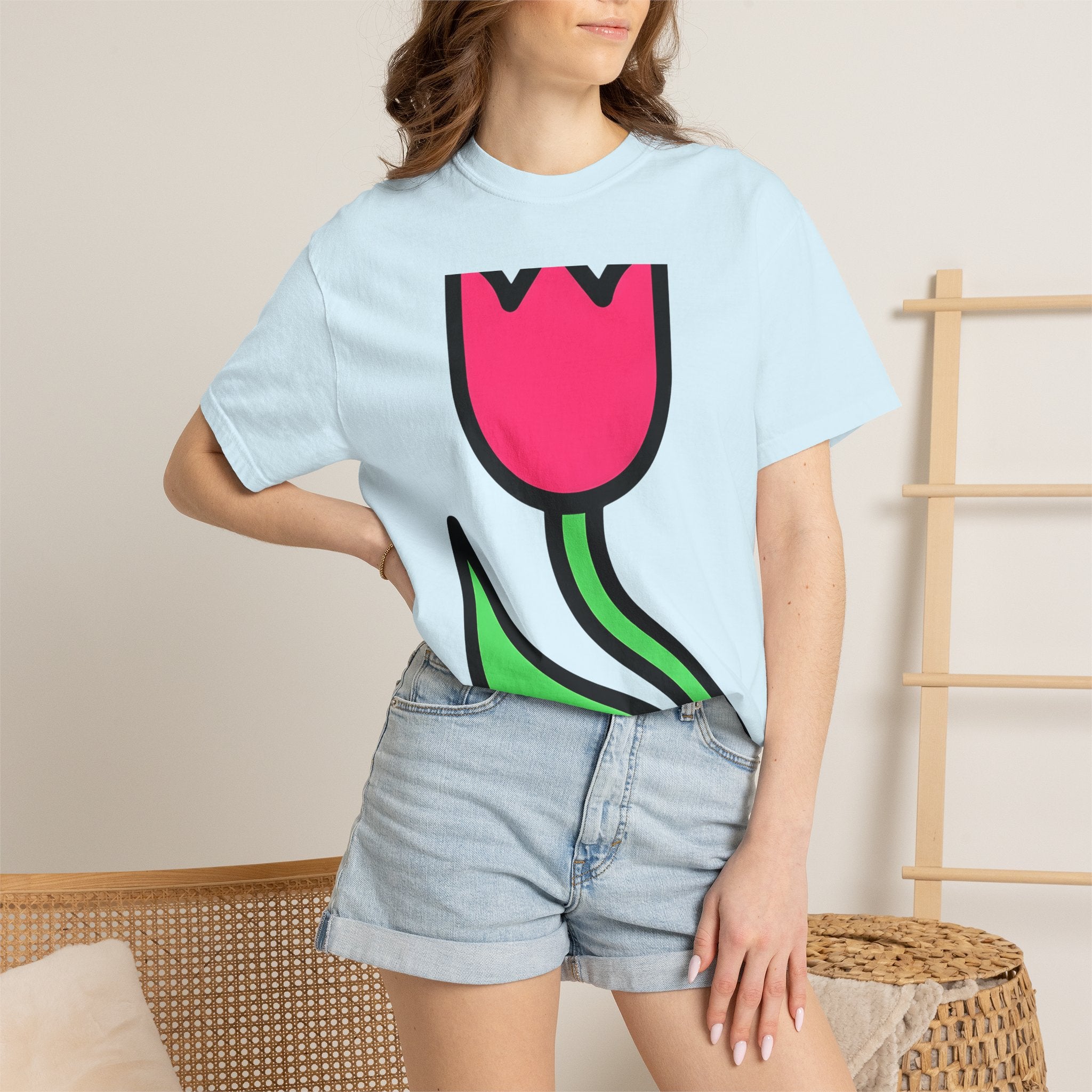 Tulip Bloom Shirt Easter Blossoms Gift Women Simple Tee Tulip T-Shirt Spring Fan Floral Tshirt Flower Graphic Contemporary Leafy Stem Tshirt