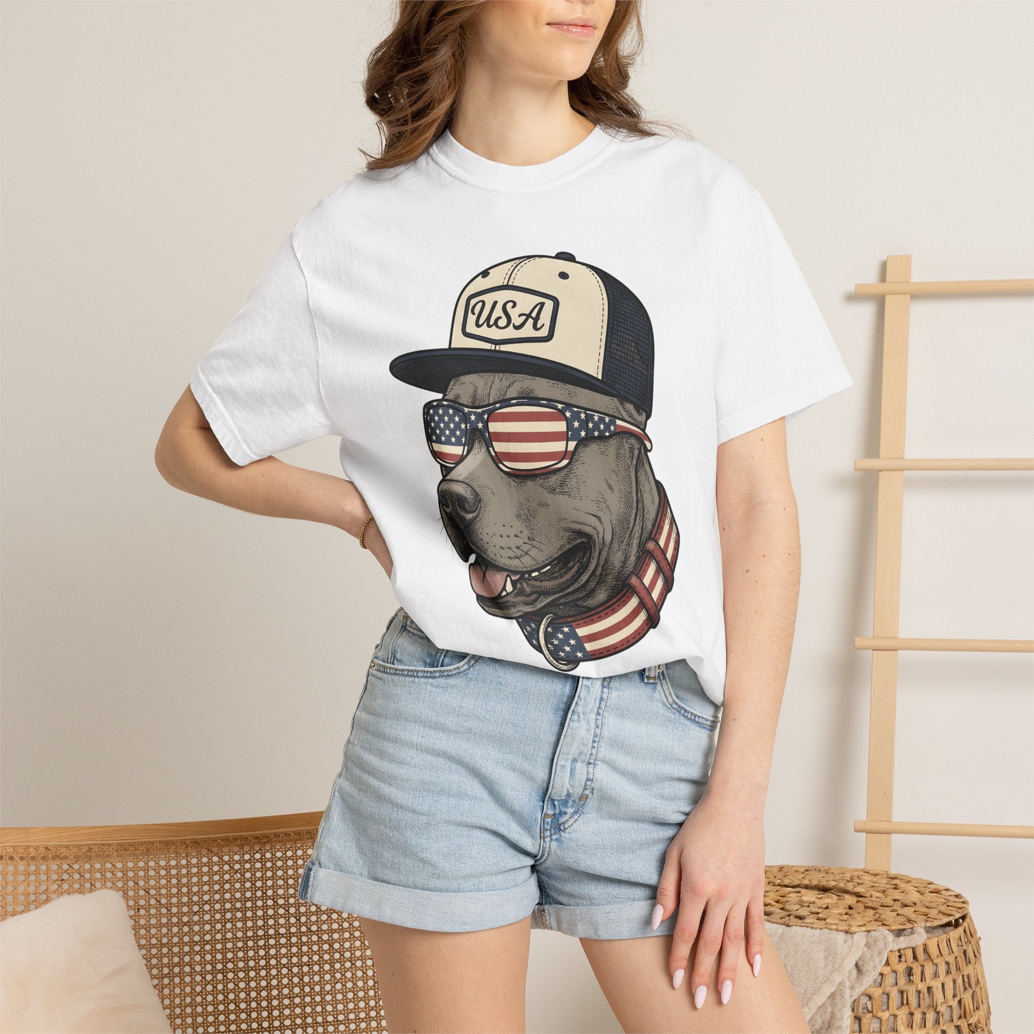 Flag Dog Shirt Dog America Gift Women Classic Tee Bulldog T-Shirt Dog Fan Puppy Tshirt Patriotic Graphic Line Art Specs Tshirt