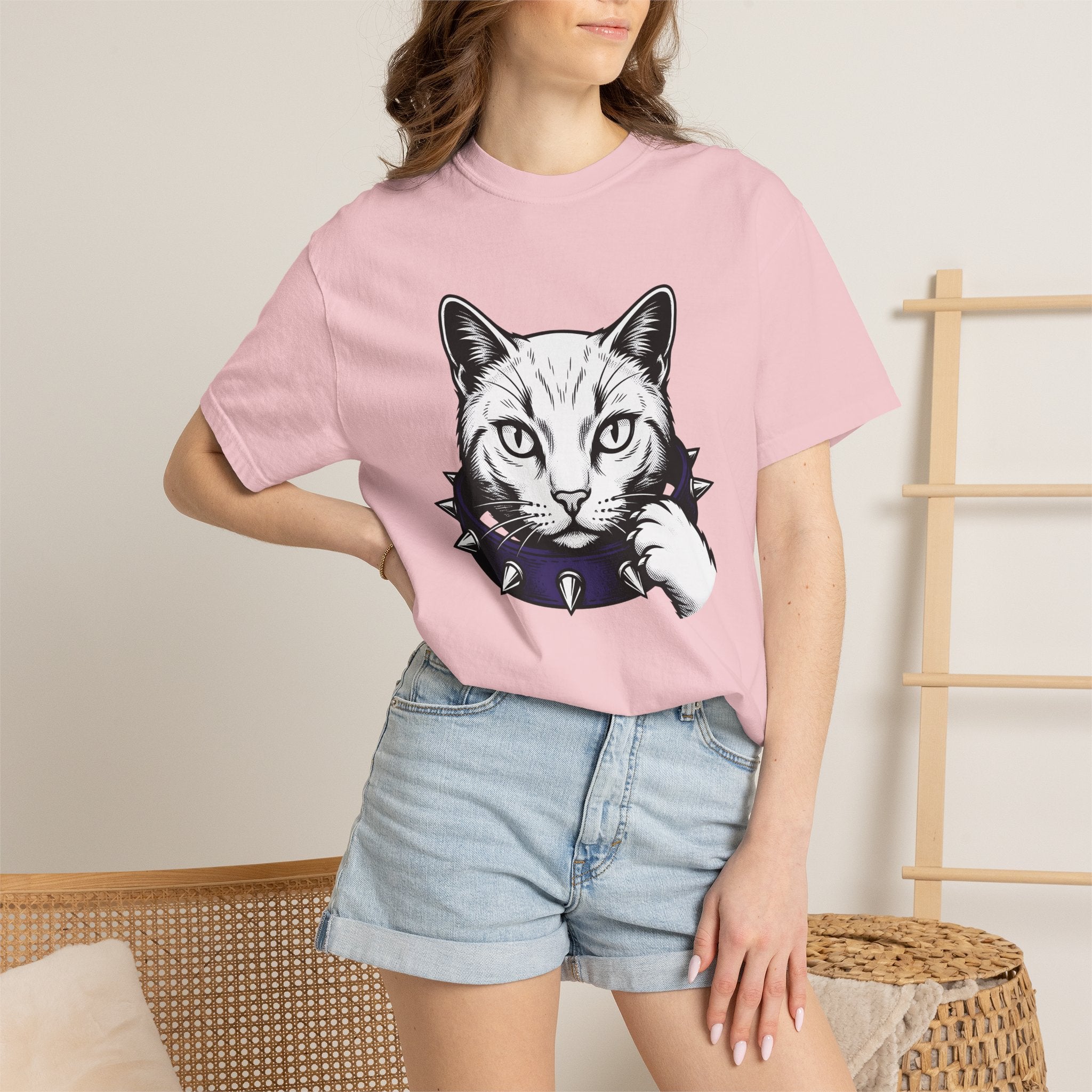 Cat Face Shirt Cat Alternative Gift Women Ink Tee Kitty T-Shirt Feline Fan Tattoo Tshirt Punk Graphic Classic Studded Collar Tshirt