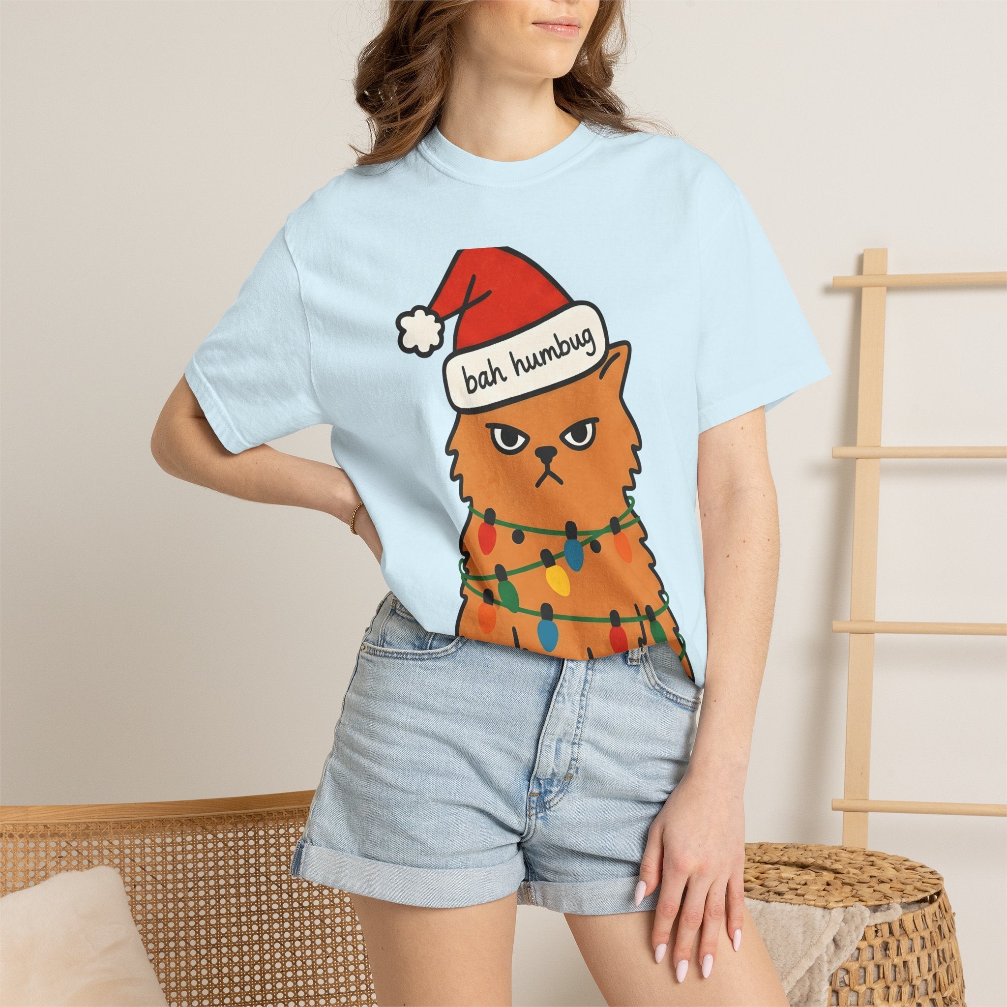 Annoyed Cat Shirt Christmas Comedy Gift Women Illustration Tee Kitty T-Shirt Xmas Fan Feline Tshirt Humor Graphic Sketch Festive Lights
