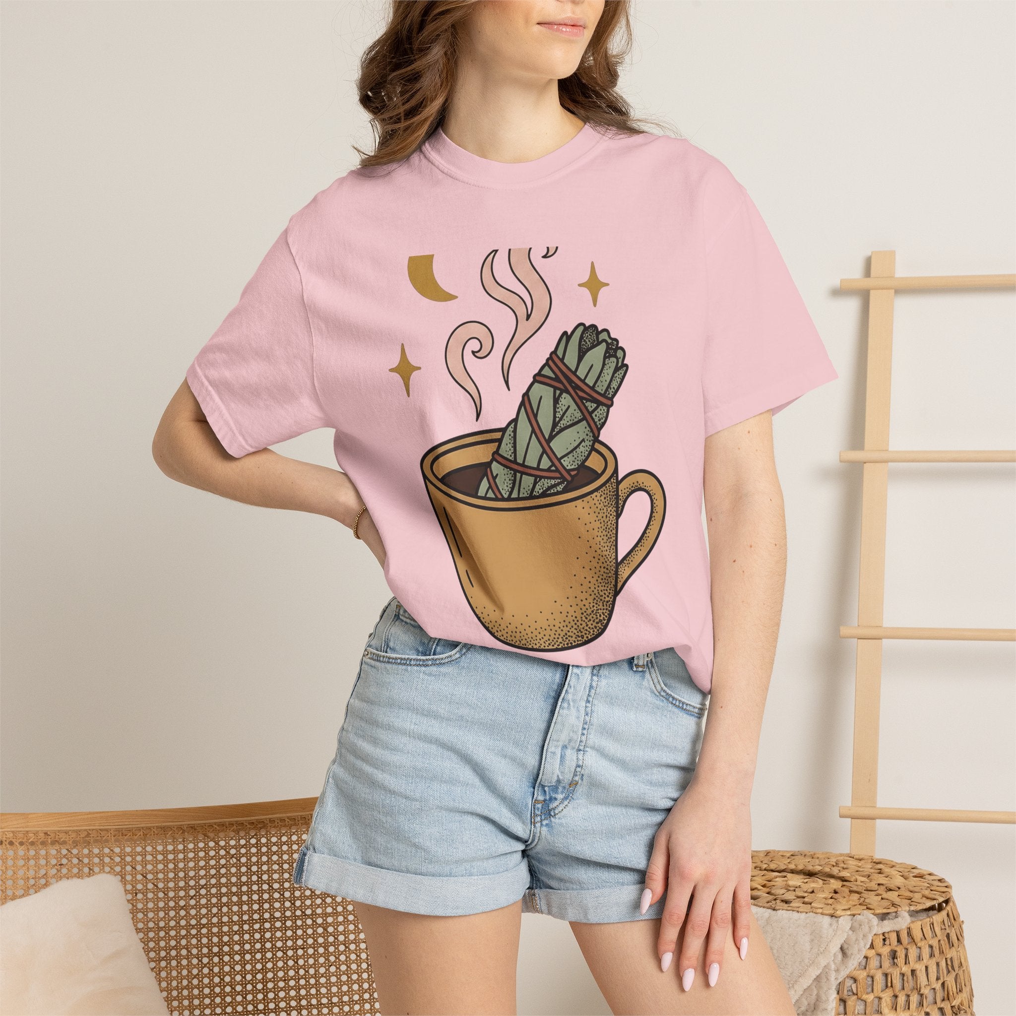 Sage Stick Mug Shirt Boho Chic Spells Gift Women Sketch Tee Smudging T-Shirt Bohemian Enthusiast Doodle Tshirt Magical Graphic Line Art