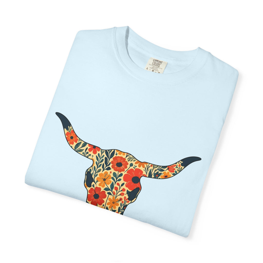 Steer Skull Shirt Cowgirl Ranch Gift Women Southwestern Tee Bull Skull T-Shirt Rodeo Fan Western Tshirt Farm Graphic Sketch Prairie Flowers