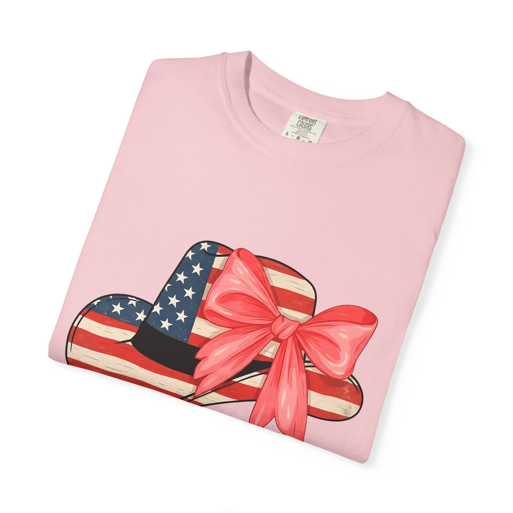 Patriotic Hat Shirt 4th Of July Patriotic Gift Women Vintage Tee Cap T-Shirt Fireworks Fan Retro Tshirt American Graphic Hand Drawn Bow