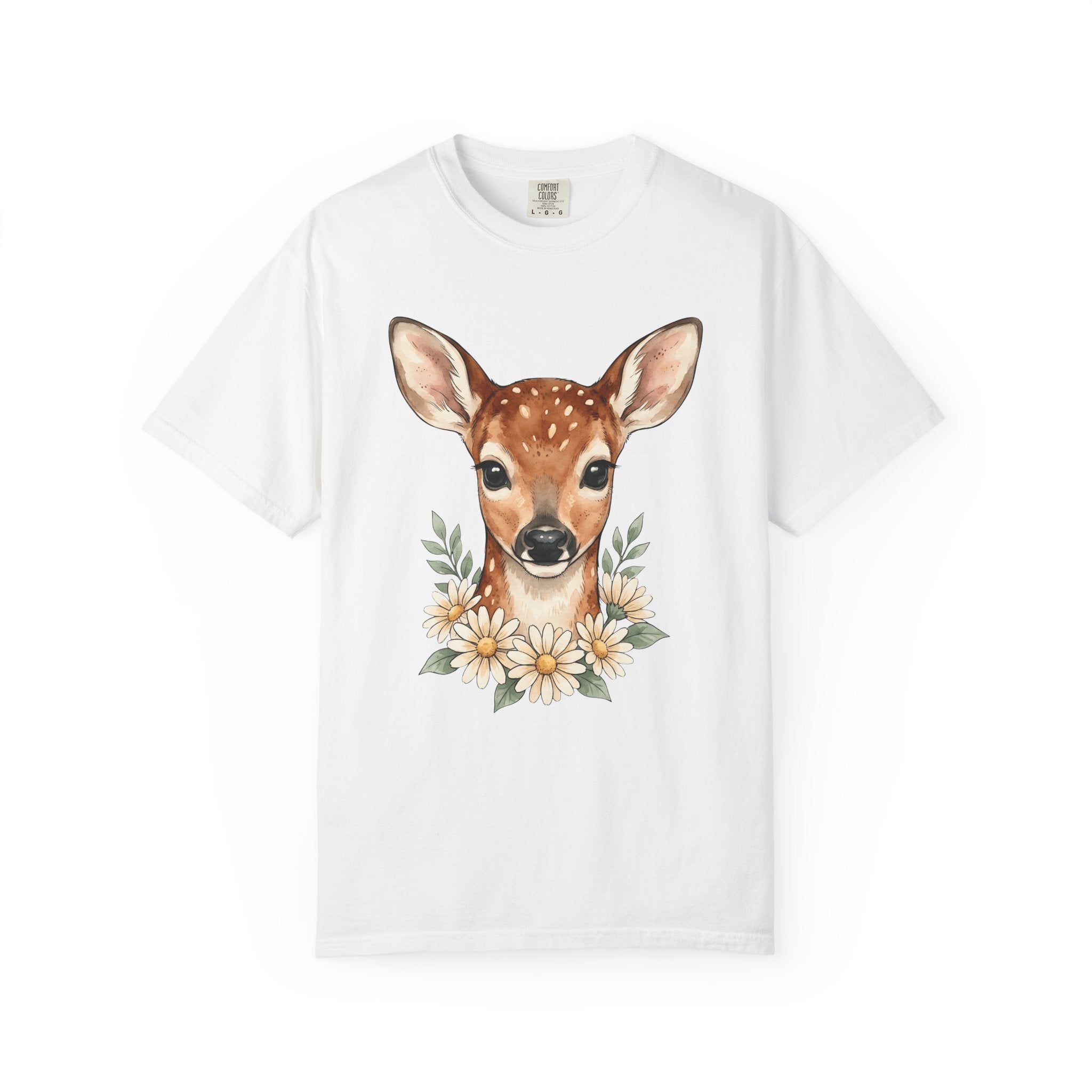 Baby Deer Shirt Easter Floral Gift Women Watercolor Tee Fawn T-Shirt Spring Fan Watercolour Tshirt Botanical Graphic Hand Drawn Daisies