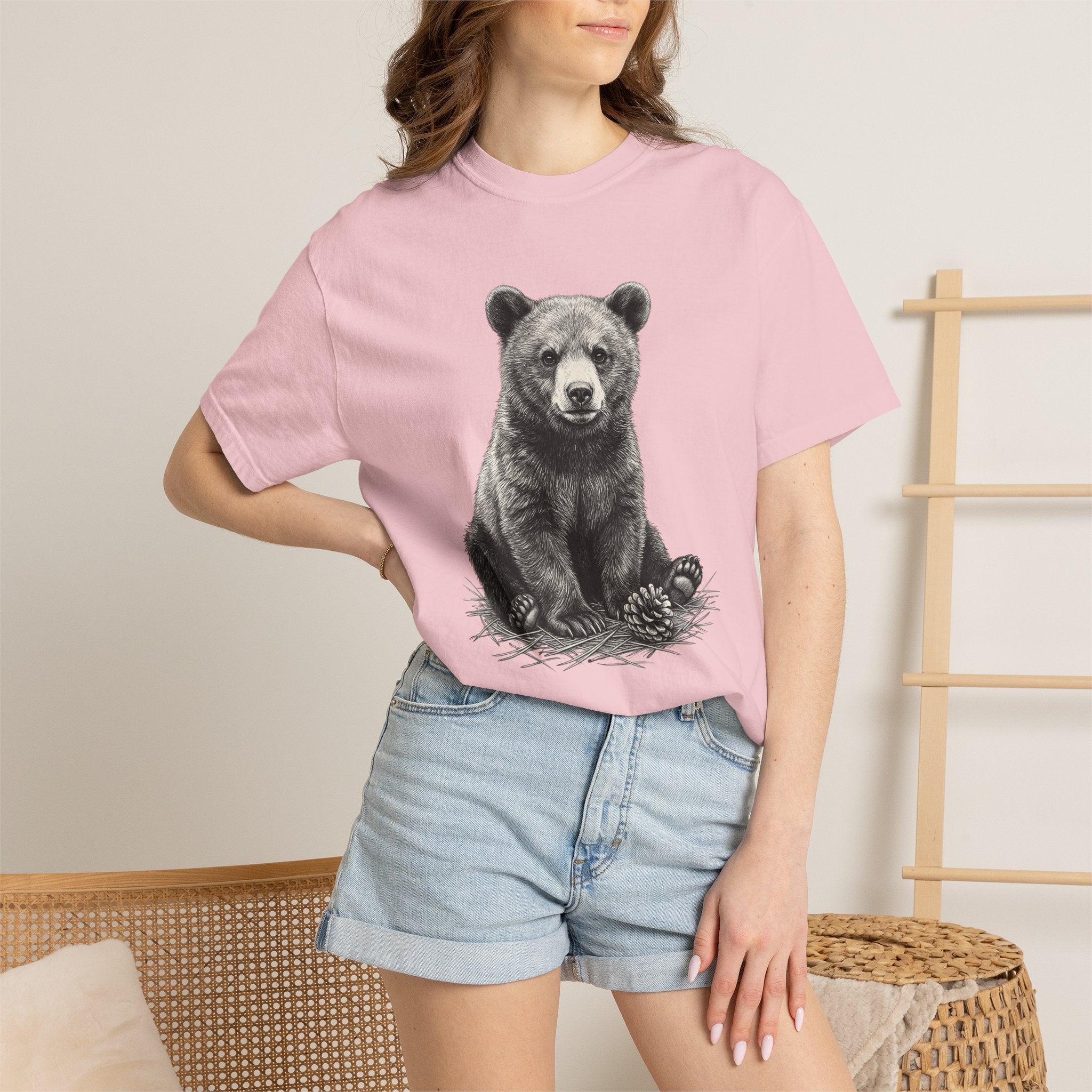 Bear Baby Shirt Animals Fauna Gift Women Sketch Tee Cub T-Shirt Wildlife Fan Animal Tshirt Wildlife Graphic Retro Pine Cone Tshirt