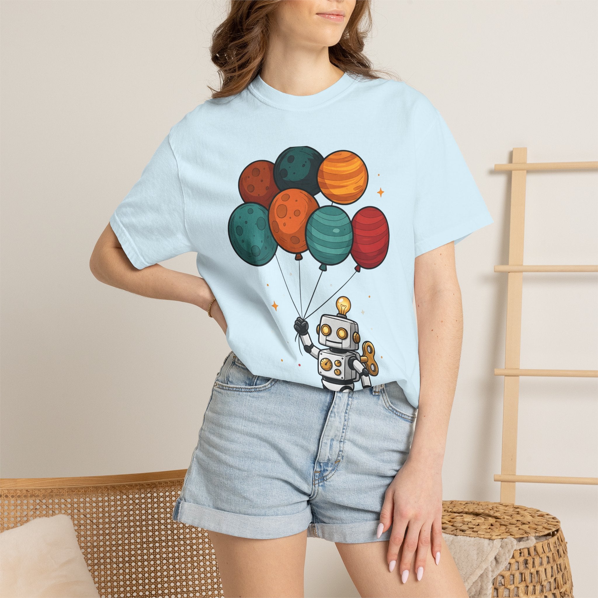 Robots Balloon Shirt Cute Universe Gift Women Anime Tee Bot T-Shirt Kawaii Fan Manga Tshirt Cosmic Graphic Sketch Planets Tshirt
