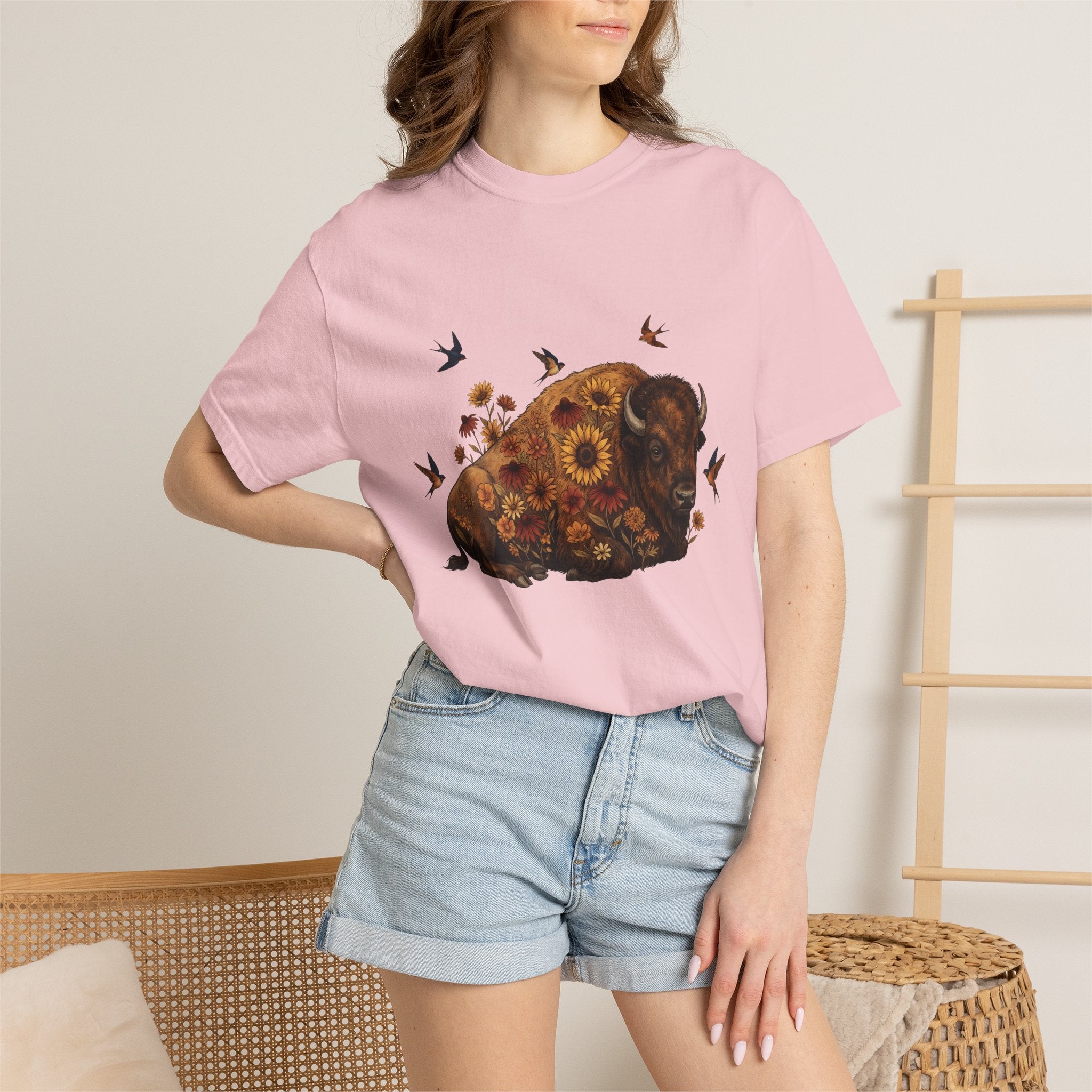 Bison Blossom Shirt Animals Wildlife Gift Women Folk Tee Buffalo T-Shirt Creature Fan Folk Art Tshirt Wildlife Graphic Throwback Swallow