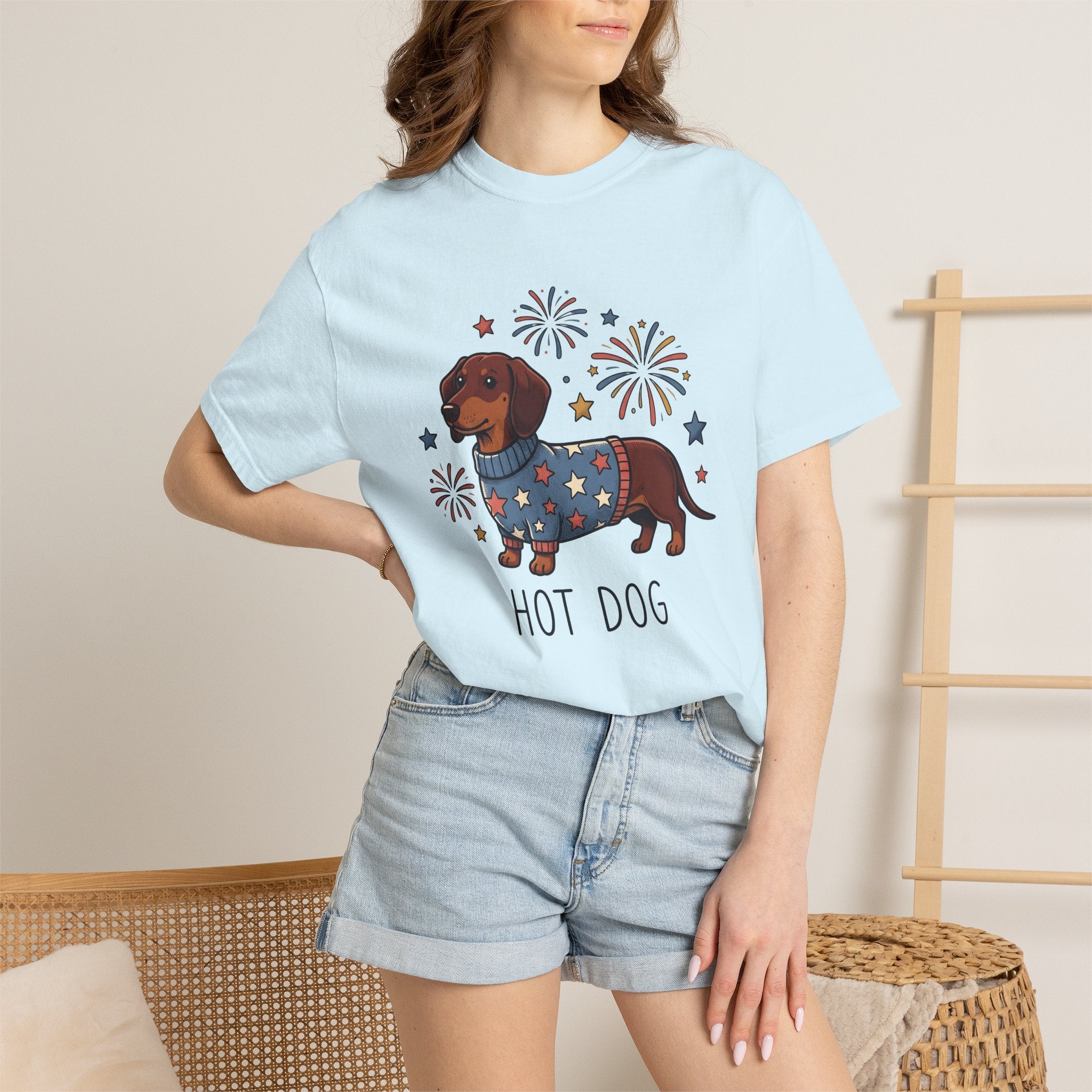 Dachshund Puppy Shirt 4th Of July Pet Owner Gift Women Hand Drawn Tee Wiener Dog T-Shirt Independence Day Fan Doodle Tshirt Dog Mom Graphic