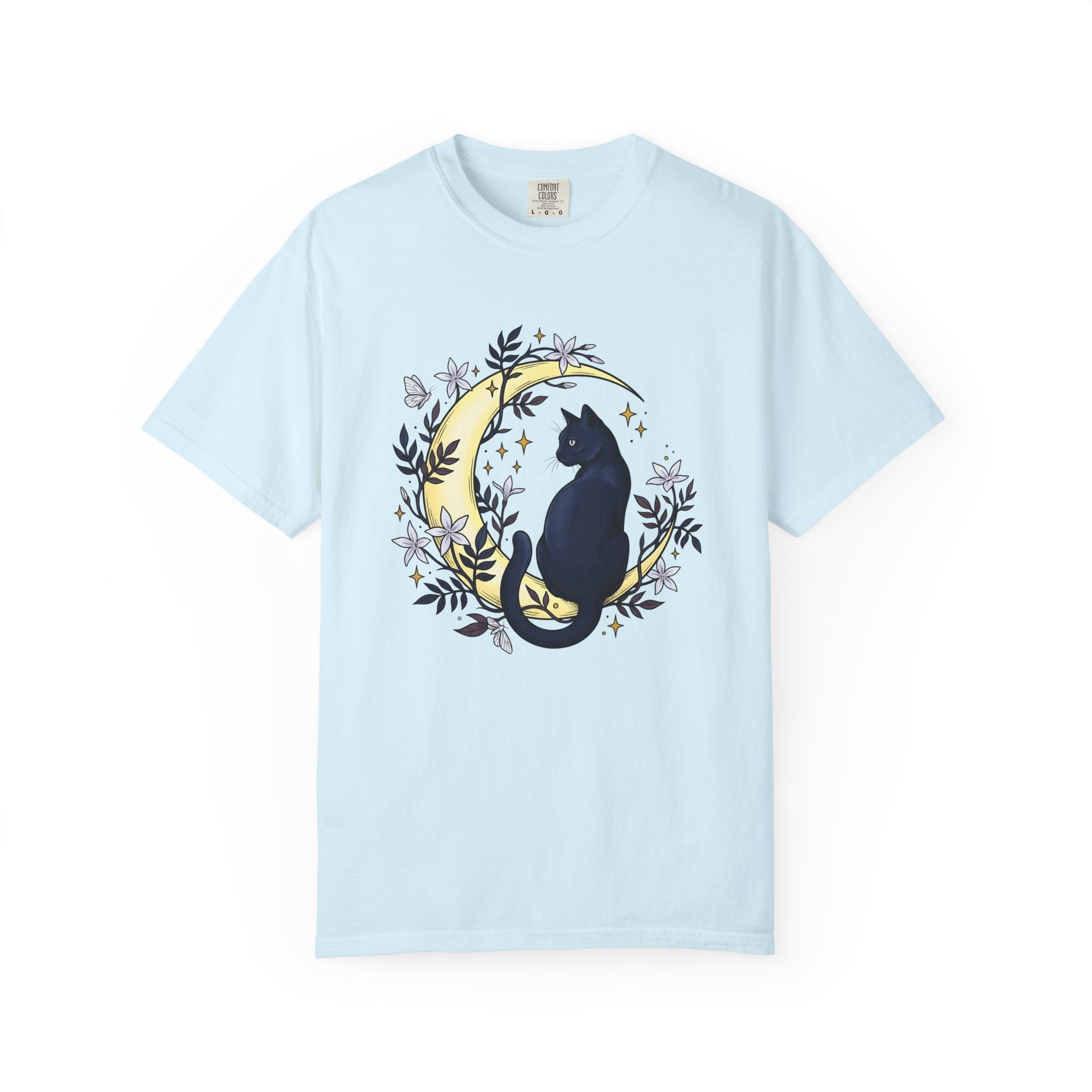 Black Cat Crescent Shirt Cat Astrology Gift Women Hippie Tee Cat T-Shirt Cat Fan Boho Tshirt Zodiac Graphic Spiritual Flower Tshirt