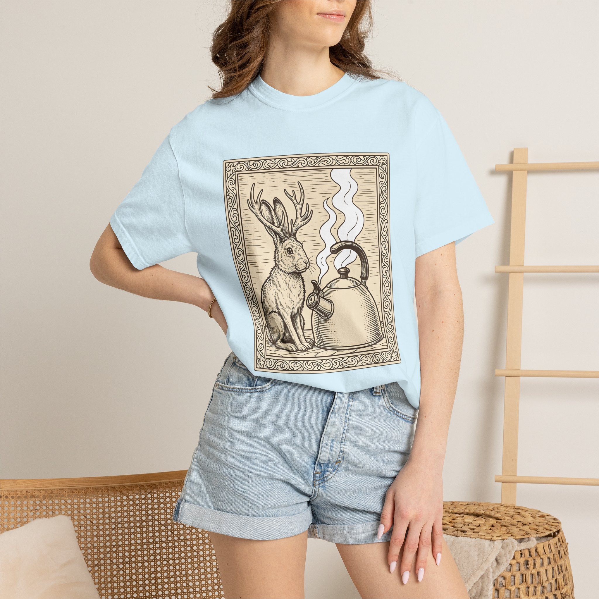 Jackalope Teapot Shirt Boho Chic Forest Gift Women Retro Tee Teapot T-Shirt Bohemian Fan Vintage Tshirt Woods Graphic Sketch Smoke Tshirt